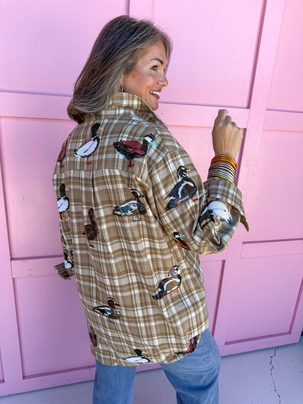queen of sparkles flannel plaid shirt ducks sequins button up womens boutique jincy's