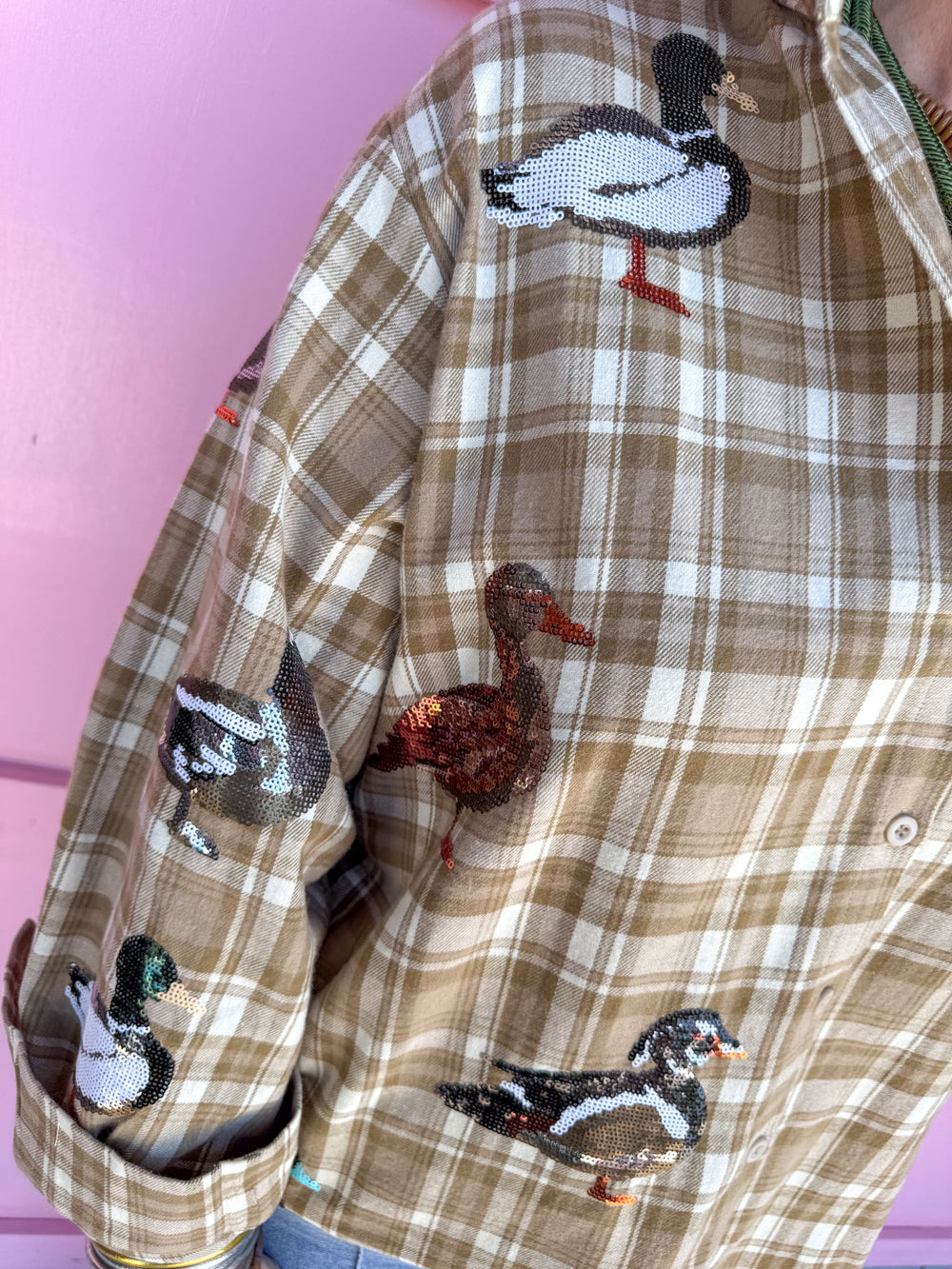 queen of sparkles flannel plaid shirt ducks sequins button up womens boutique jincy's