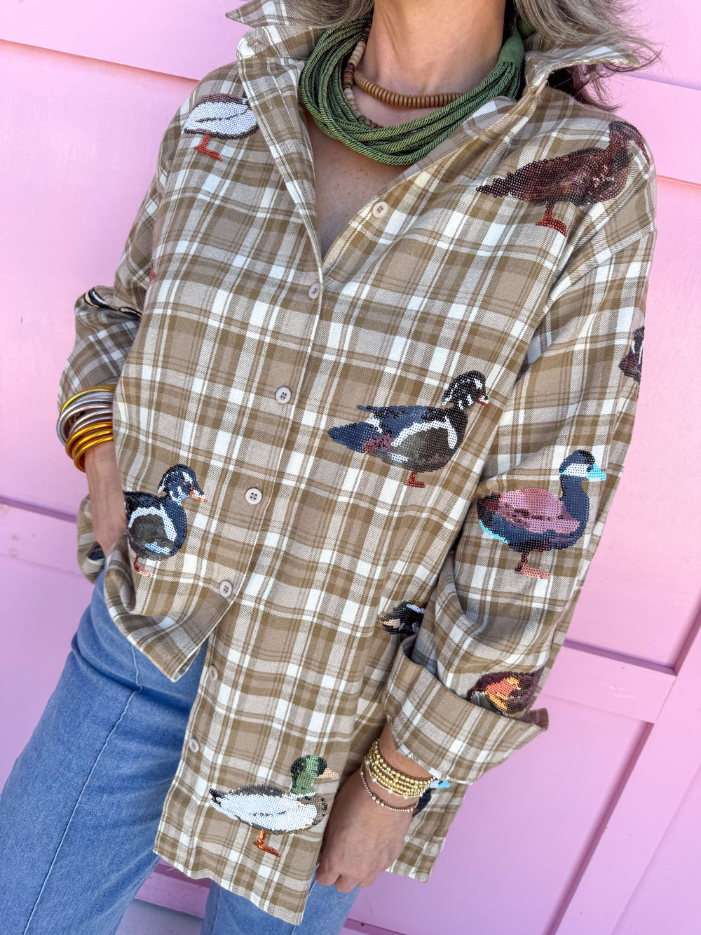 queen of sparkles flannel plaid shirt ducks sequins button up womens boutique jincy's