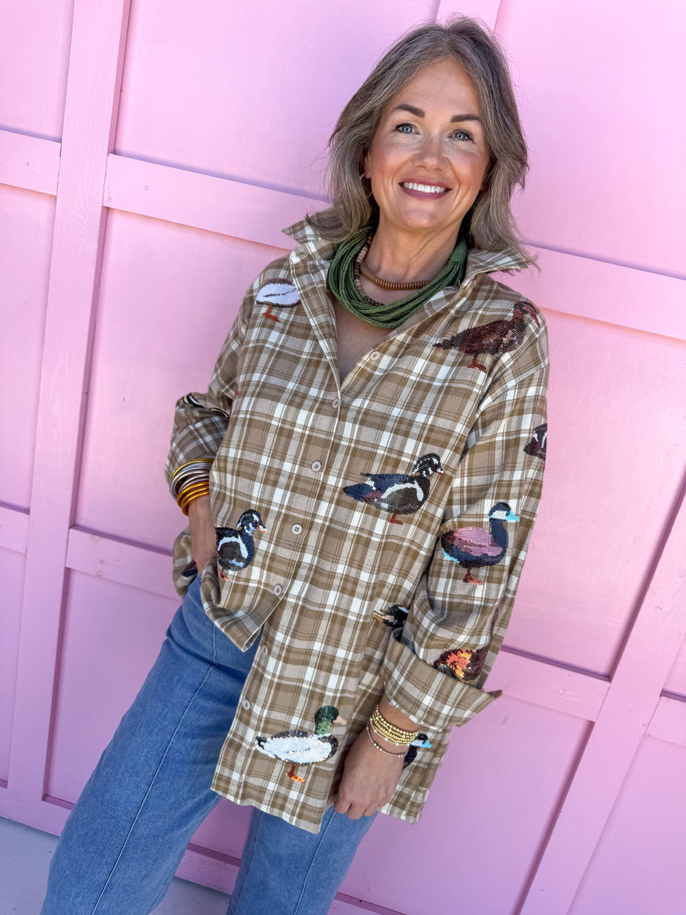 queen of sparkles flannel plaid shirt ducks sequins button up womens boutique jincy's