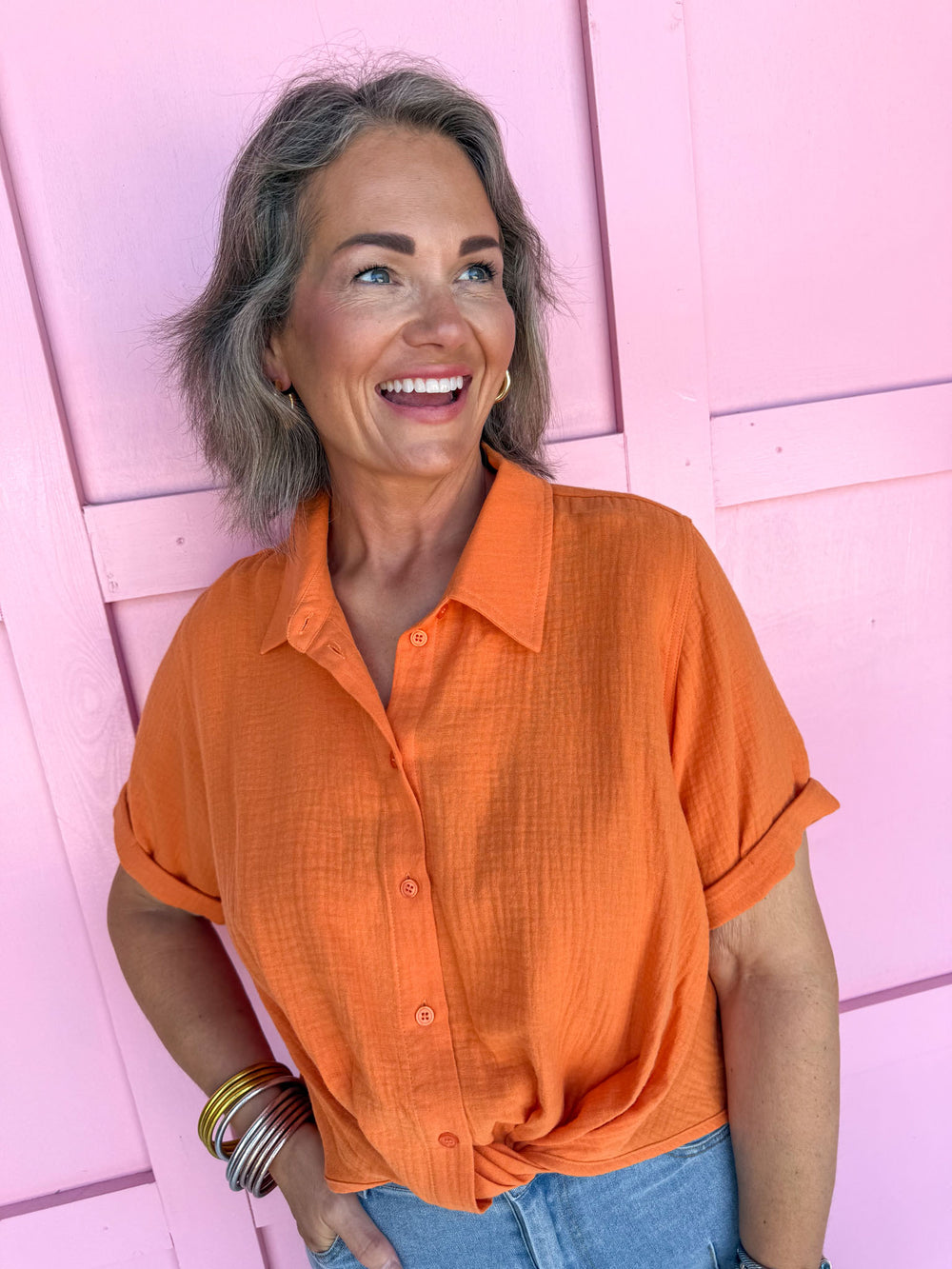 boutique womens button up shirt orange jincys