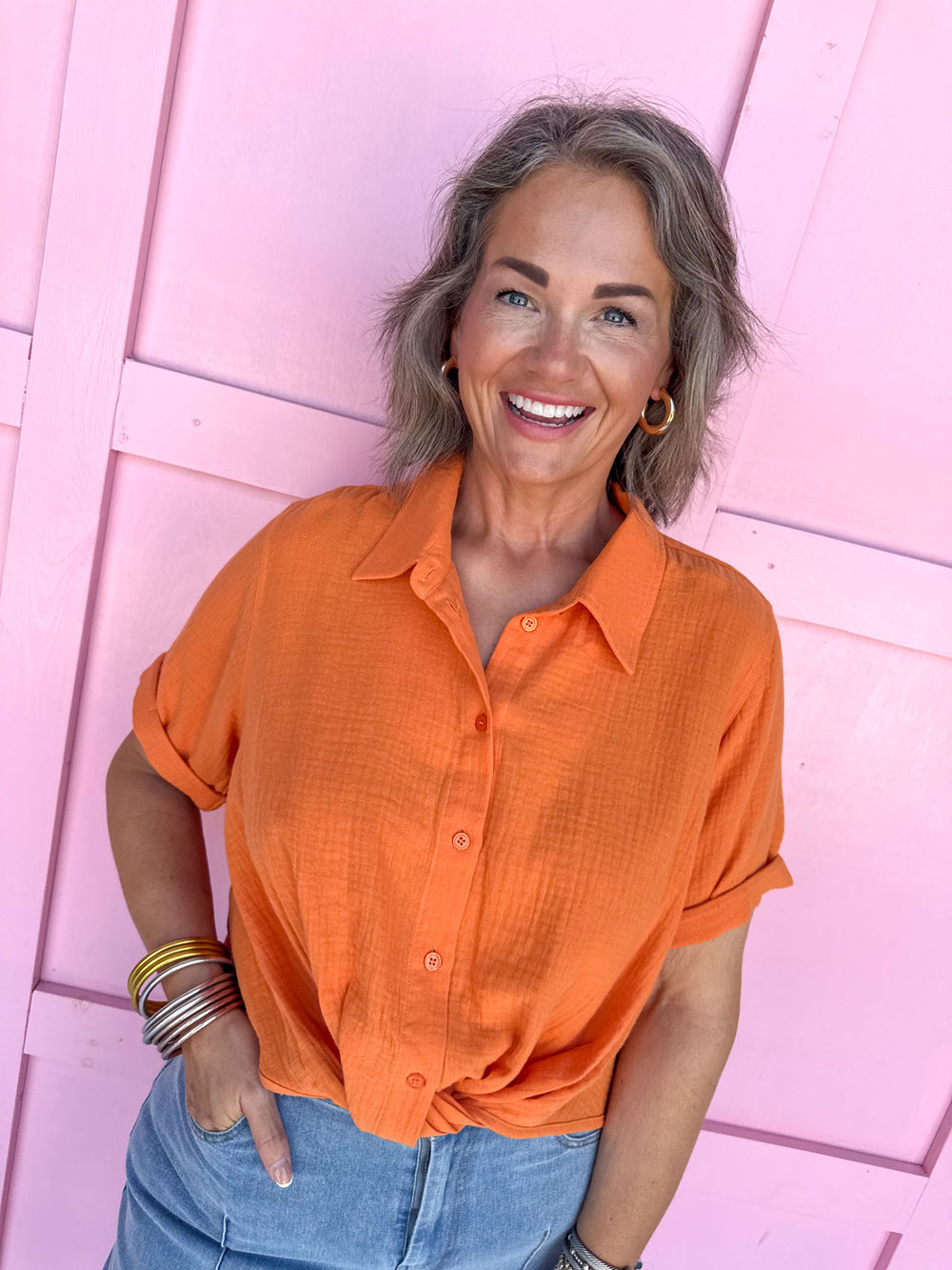 boutique womens button up shirt orange jincys