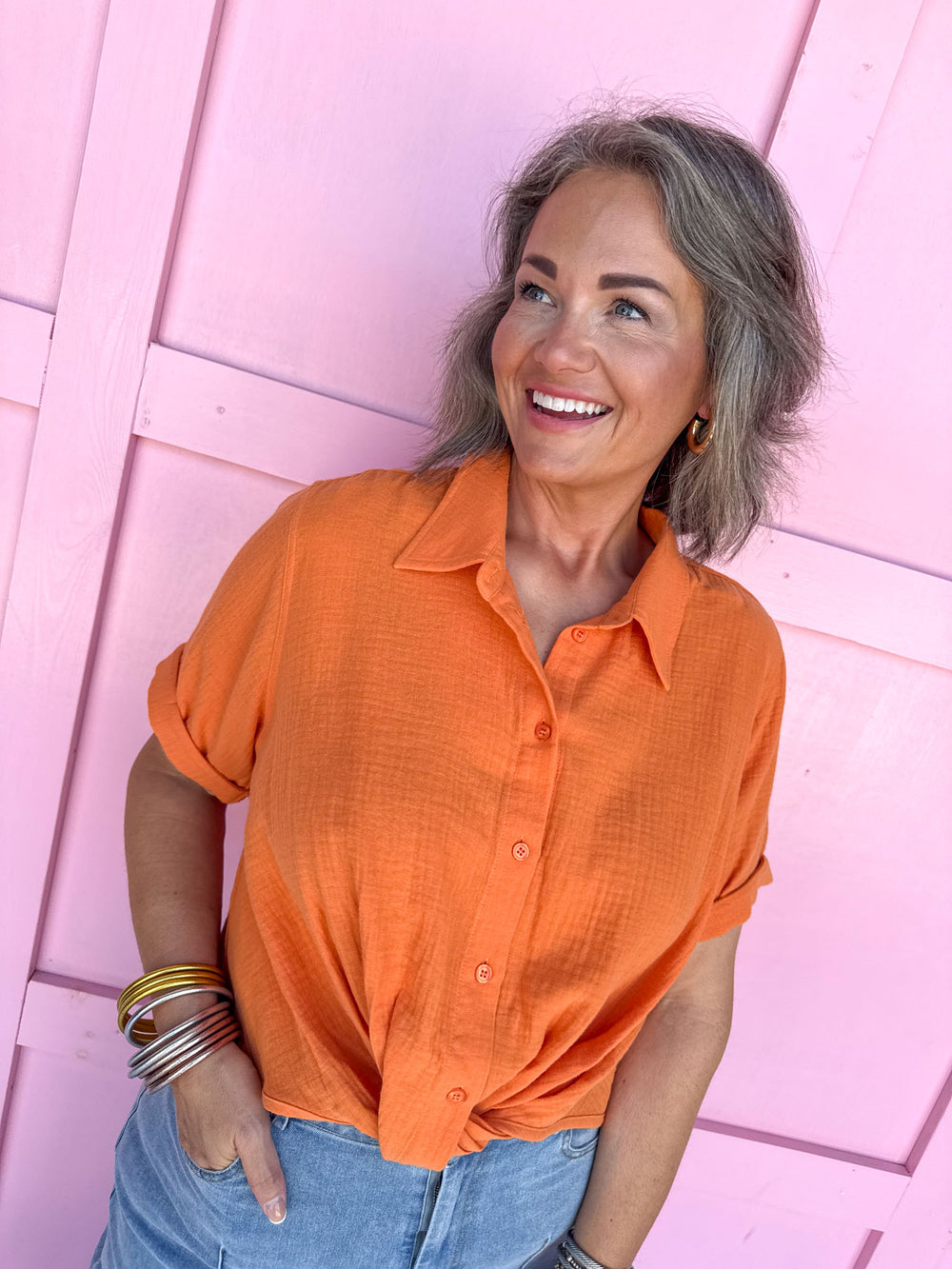 boutique womens button up shirt orange jincys