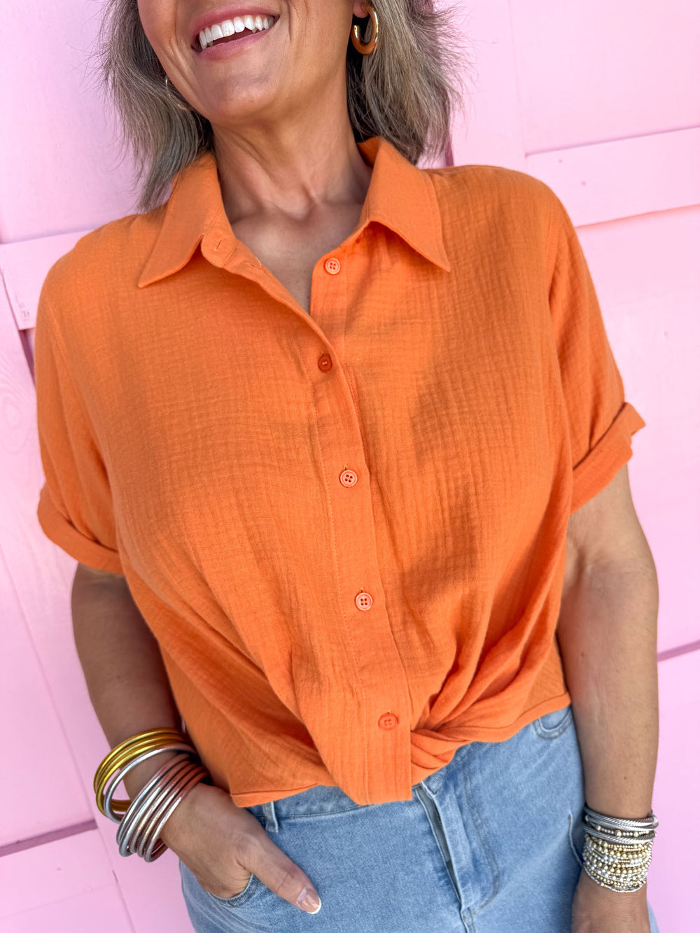 boutique womens button up shirt orange jincys