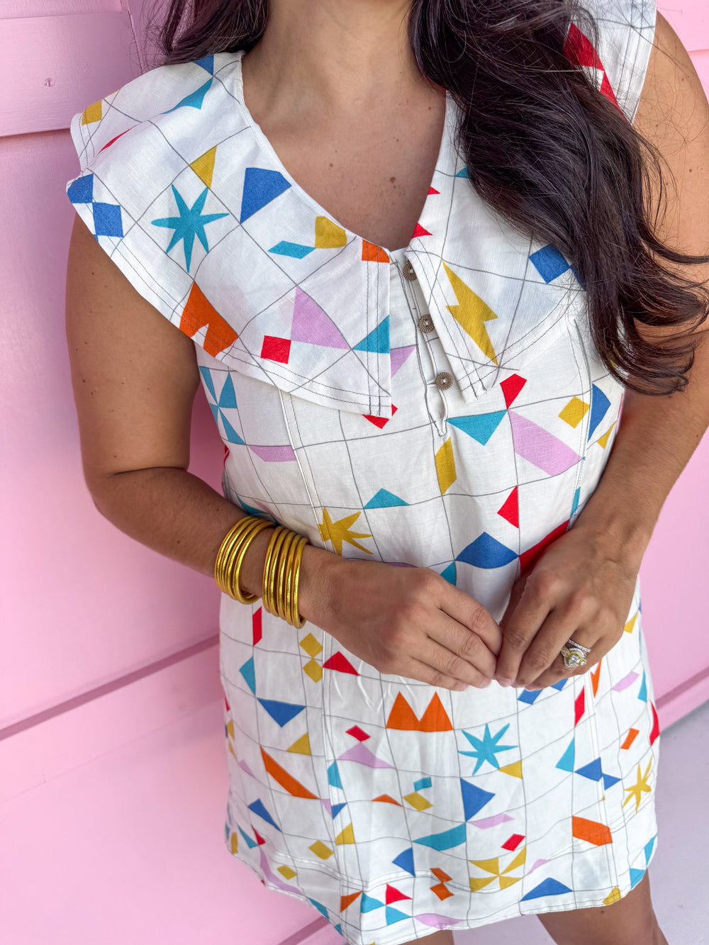 Boutique Dress White Linen Colorful Shapes