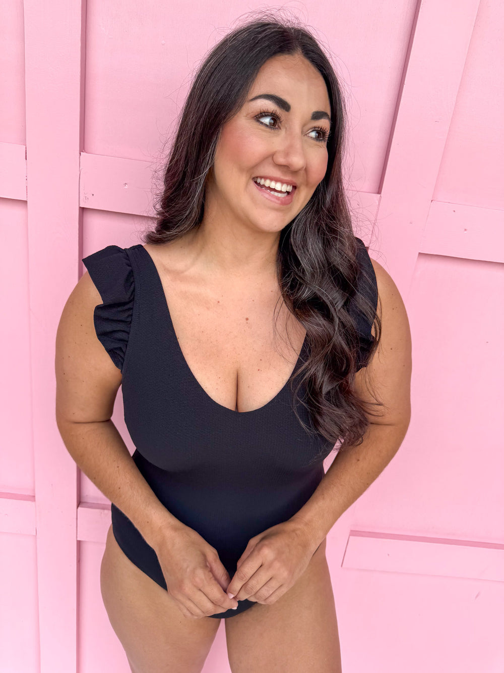 Mary Square Ashley Swimsuit Black Ruffle Strap Full Coverage One Piece Bathing Suit Summer Women's Jincy's 