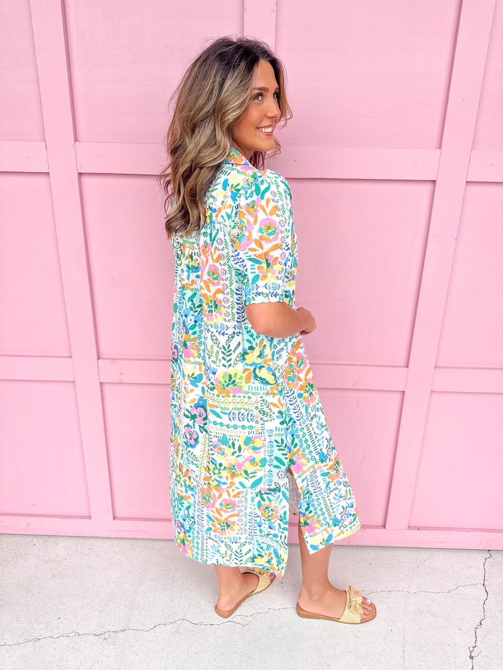 womens boutique dress maxi length side slits v neck floral colorful puff balloon sleeves jincy's 