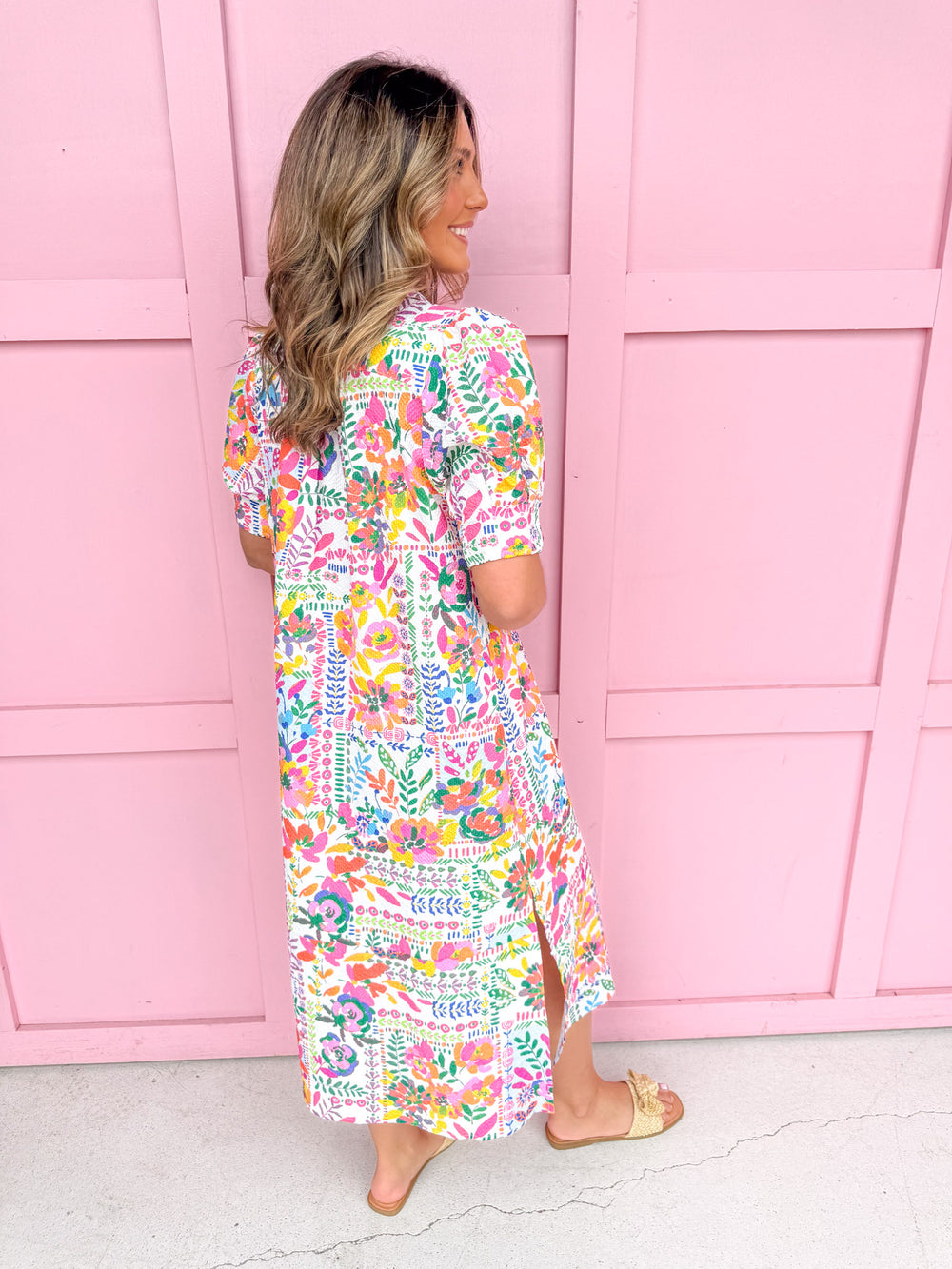 womens boutique dress maxi length side slits v neck floral colorful puff balloon sleeves jincy's 
