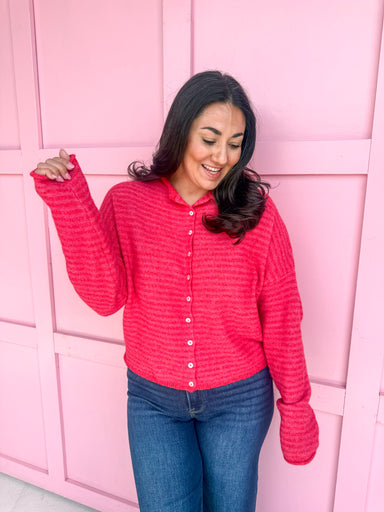 Piper Cardigan Cherry Red Mini Stripes button down womens boutique jincy's