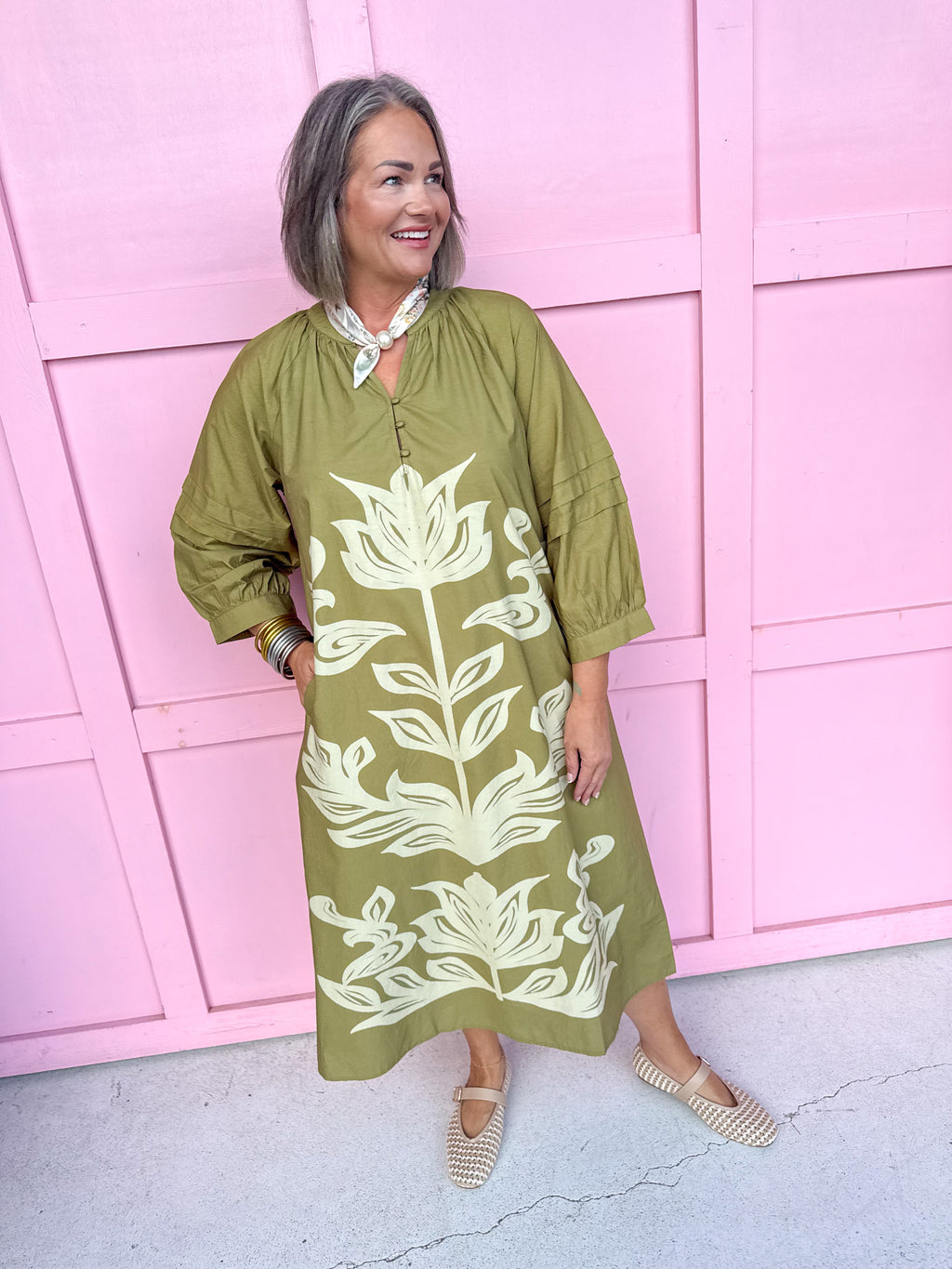 Modern Blooms Floral Dress - Olive