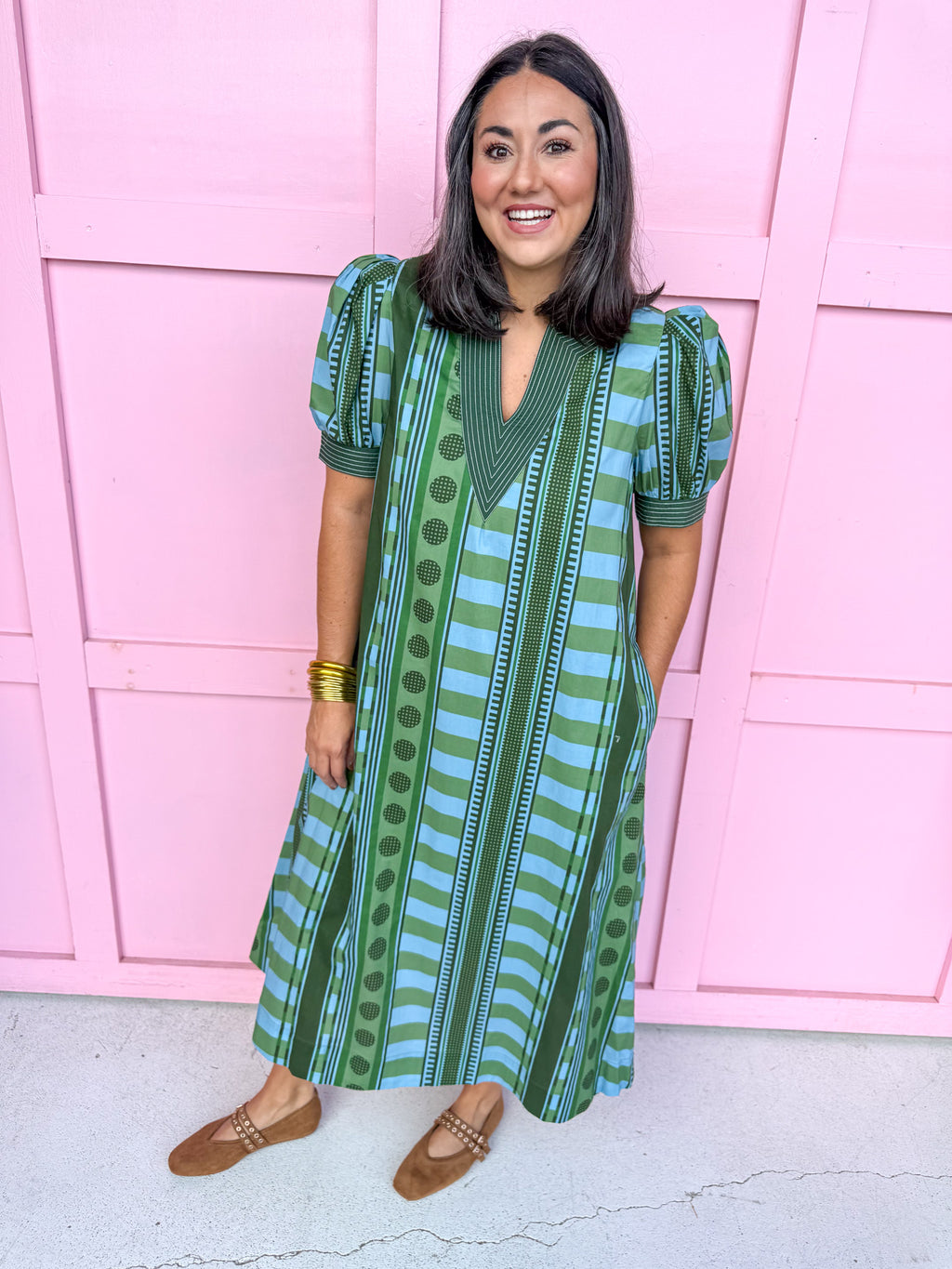 Stripe Meets Dot Dress - Green