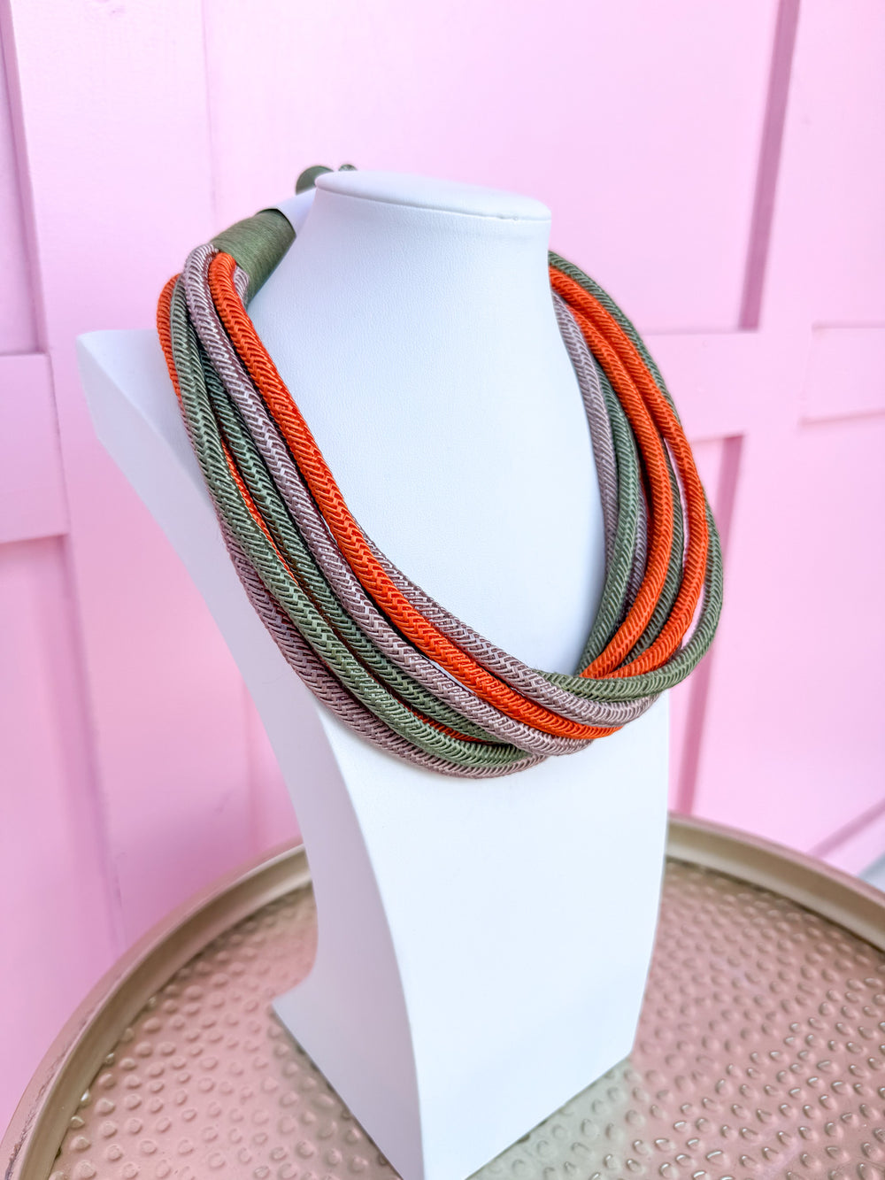 Multi Strand Slub Rope Necklace - Sage/Orange/Tan