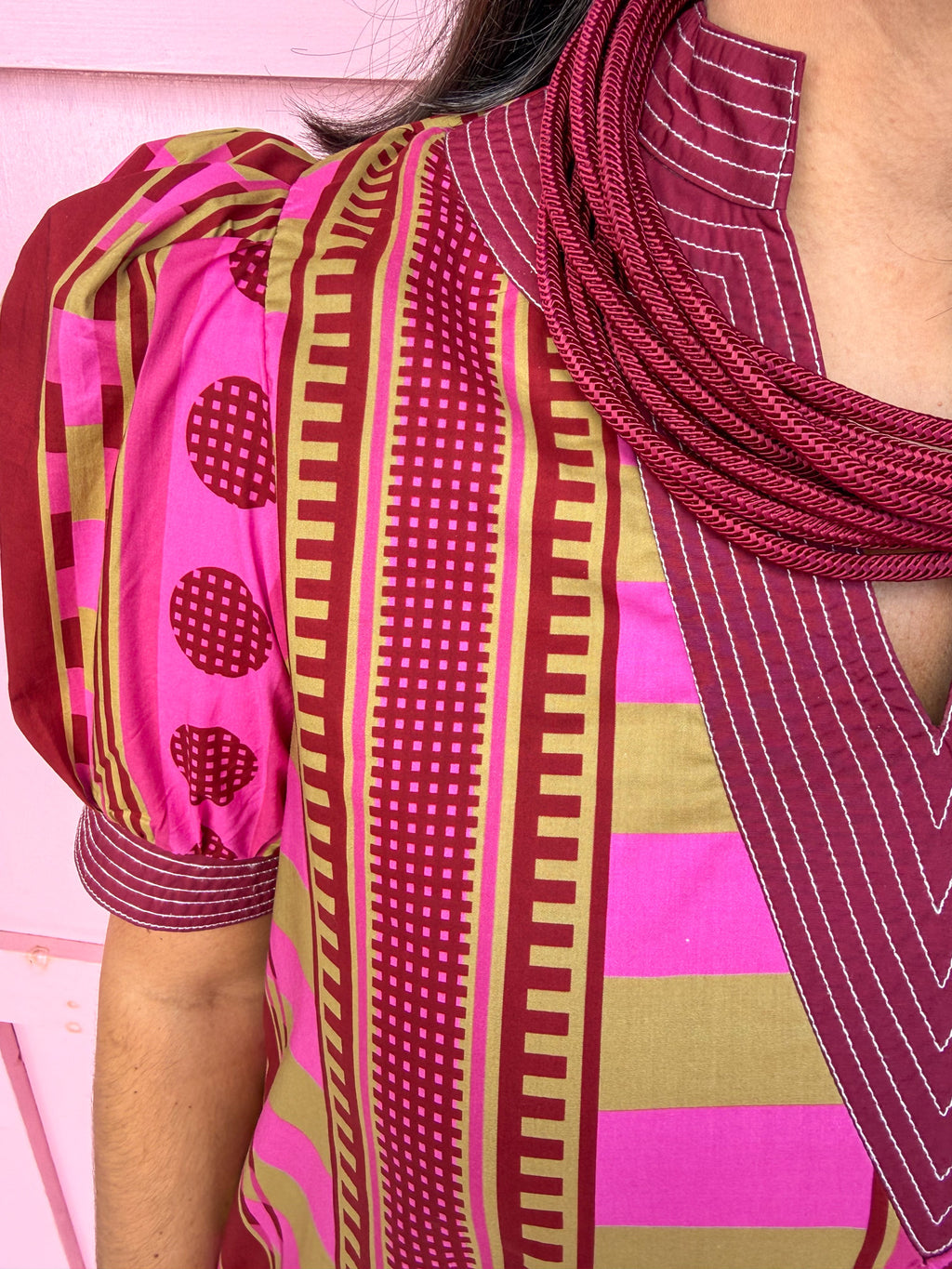 Stripe Meets Dot Dress - Plum