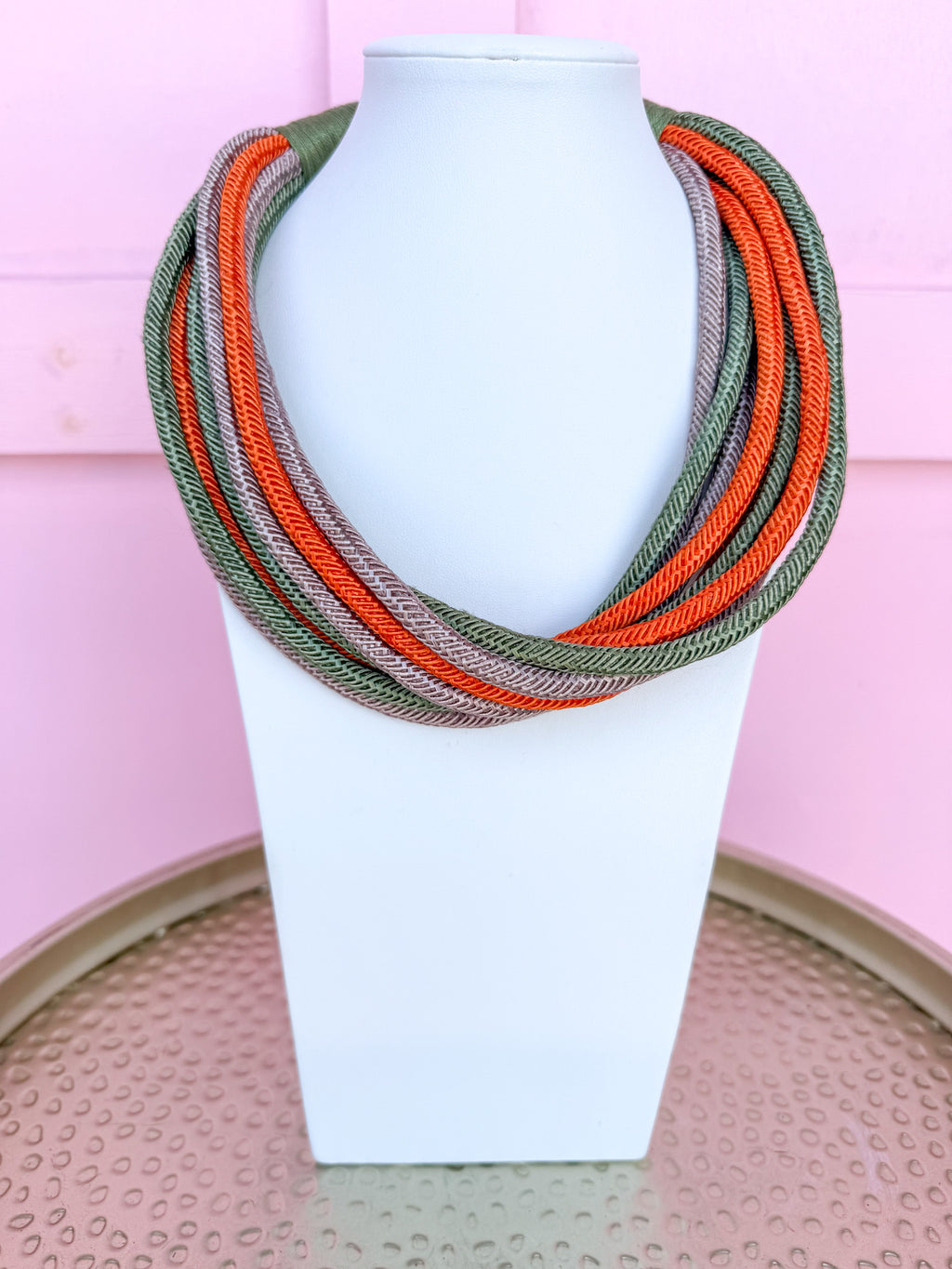 Multi Strand Slub Rope Necklace - Sage/Orange/Tan