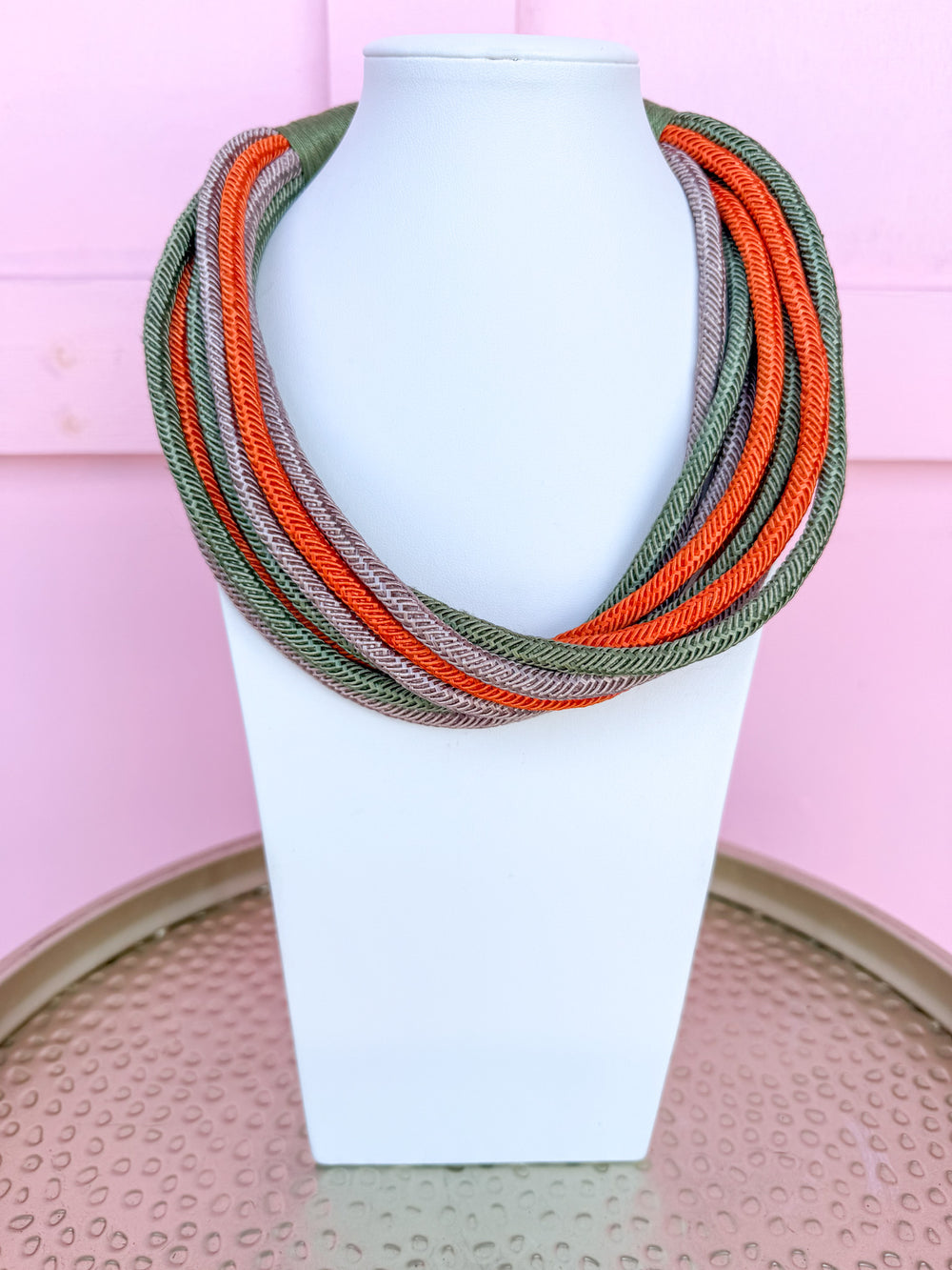 Multi Strand Slub Rope Necklace - Sage/Orange/Tan