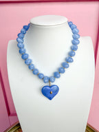 LOVE LEMON LANE | Oval Pebble Beaded Necklace With Heart Pendant - Blue