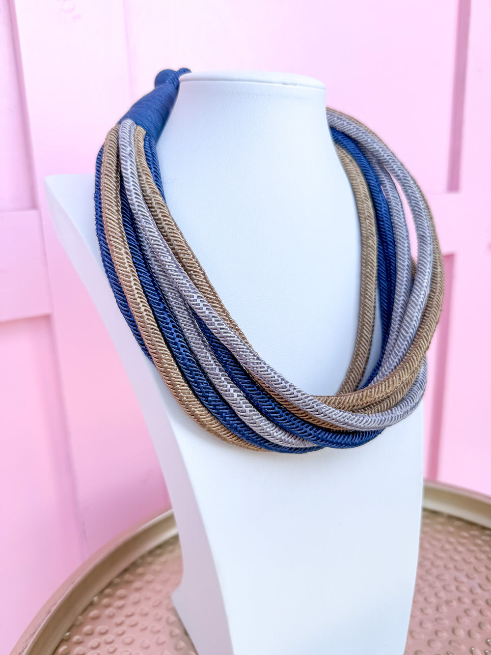 Multi Strand Slub Rope Necklace - Navy/Silver/Gold