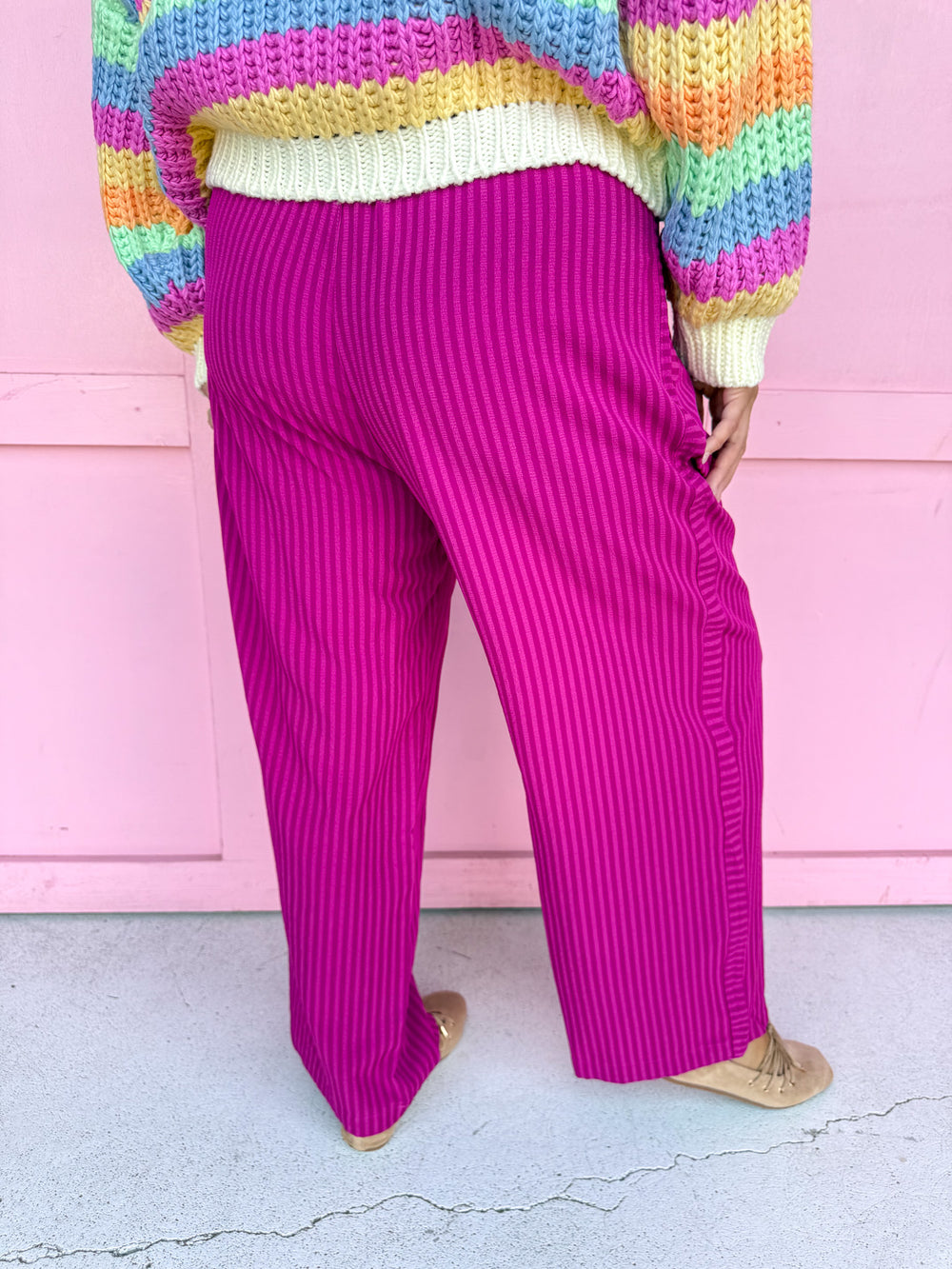 Crinkle & Stripe Wide Leg Pants - Magenta