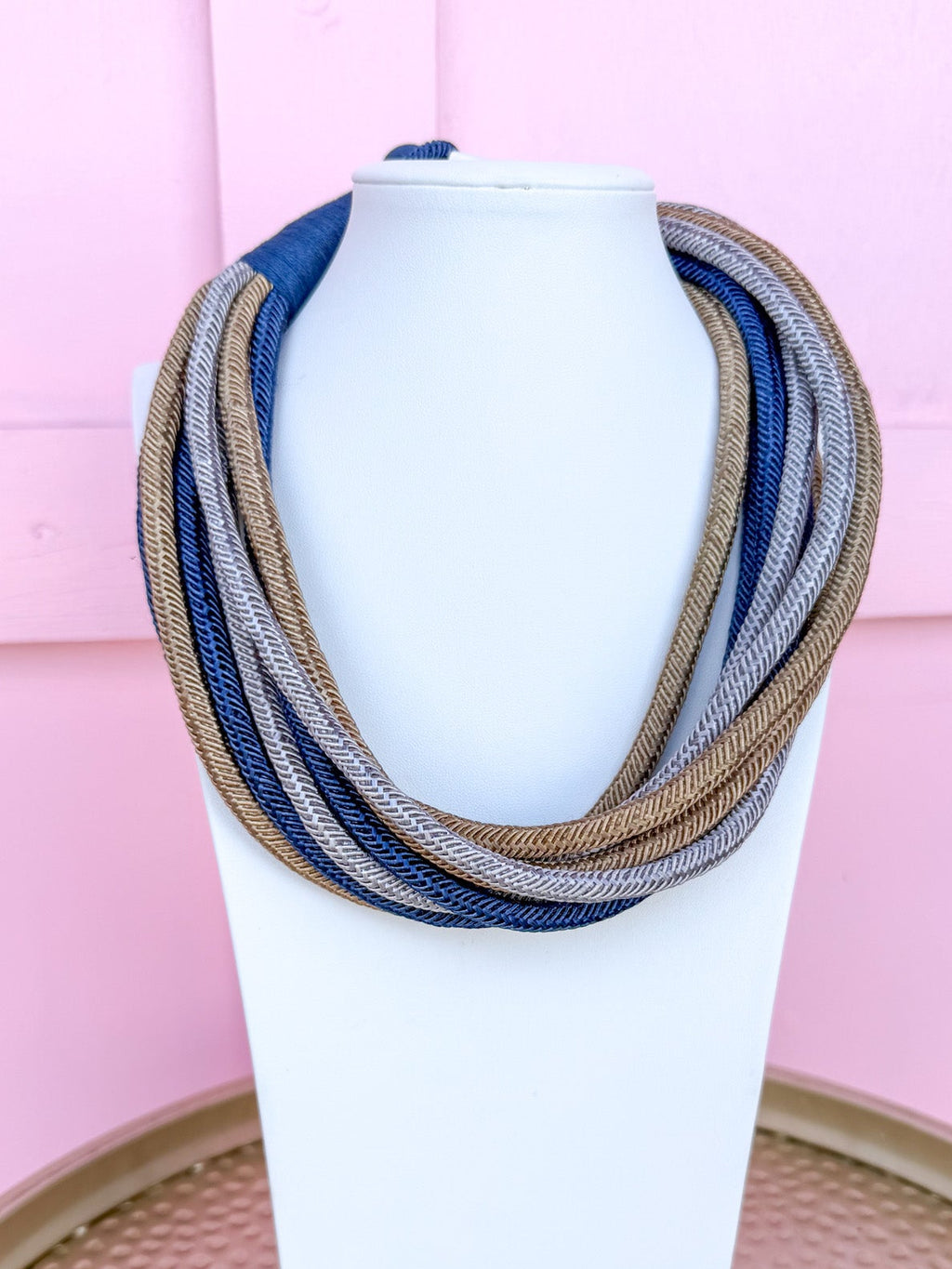 Multi Strand Slub Rope Necklace - Navy/Silver/Gold