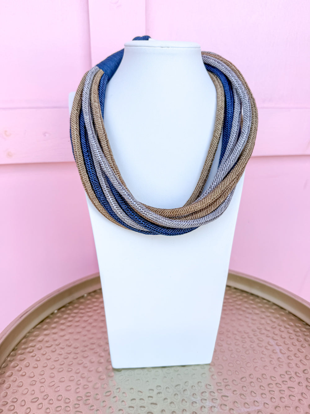 Multi Strand Slub Rope Necklace - Navy/Silver/Gold
