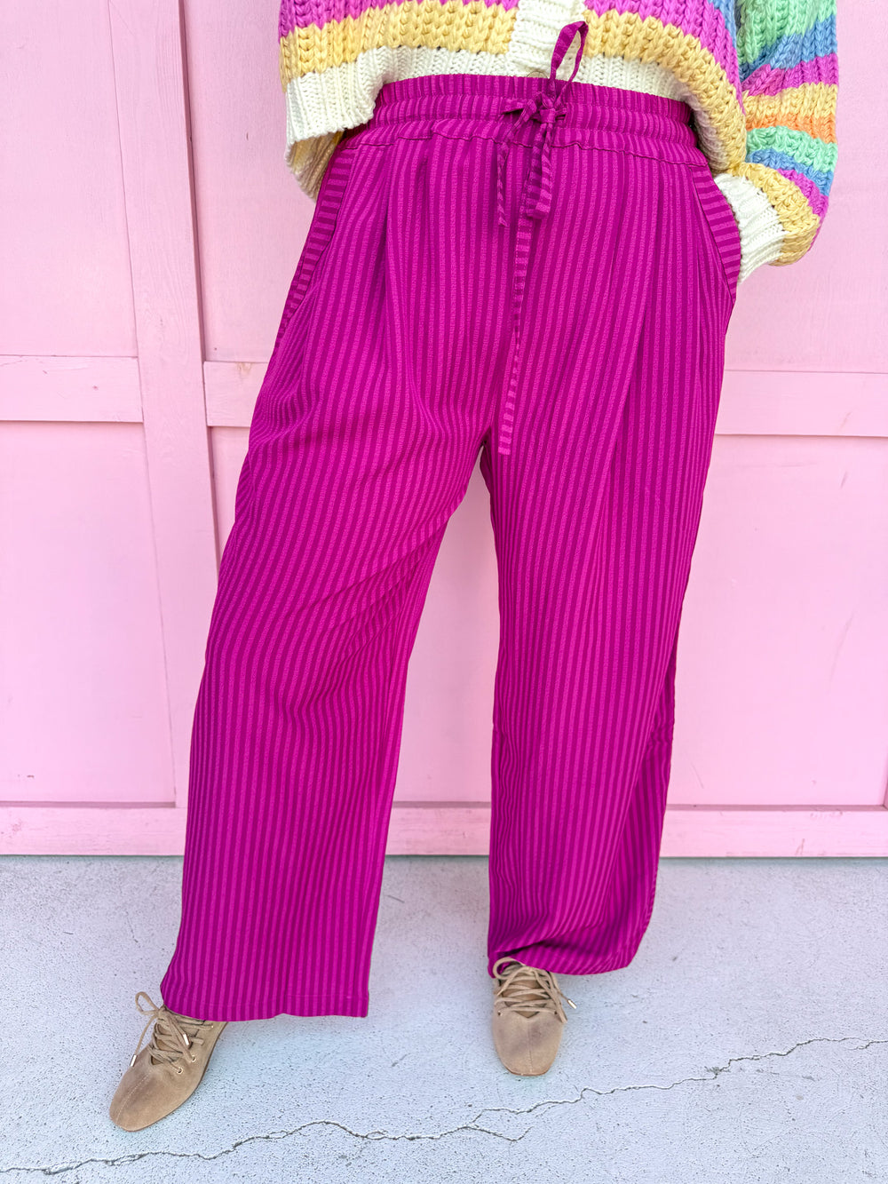 Crinkle & Stripe Wide Leg Pants - Magenta