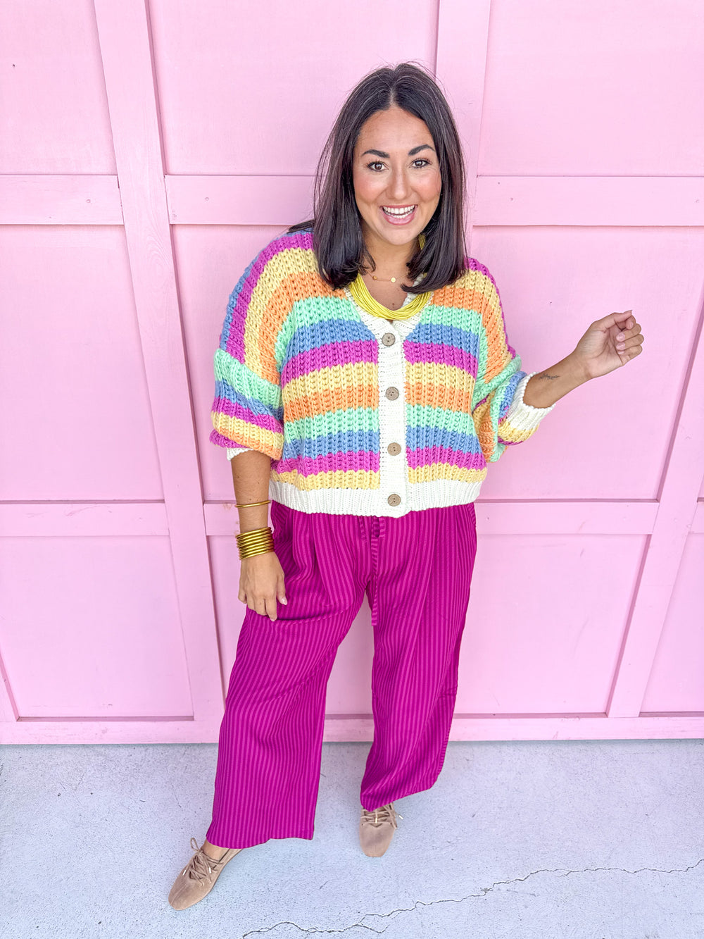 Crinkle & Stripe Wide Leg Pants - Magenta
