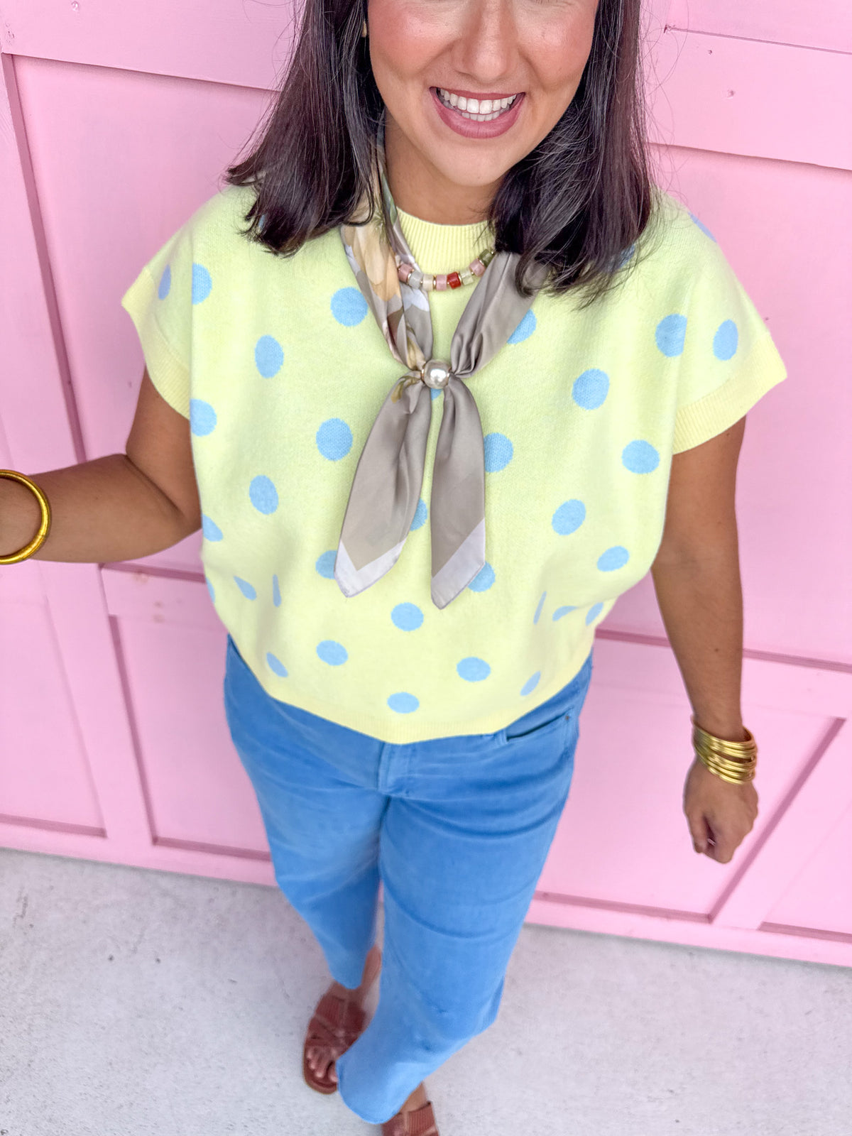 Polka Dot Knit Top - Lemon/Light Blue