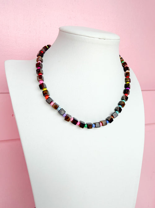 LOVE LEMON LANE | Small Square Acrylic Bead Necklace - Tortoise Multi