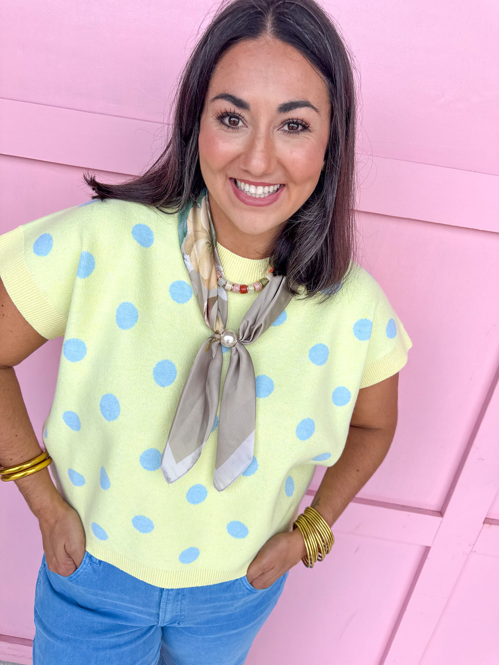 Polka Dot Knit Top - Lemon/Light Blue