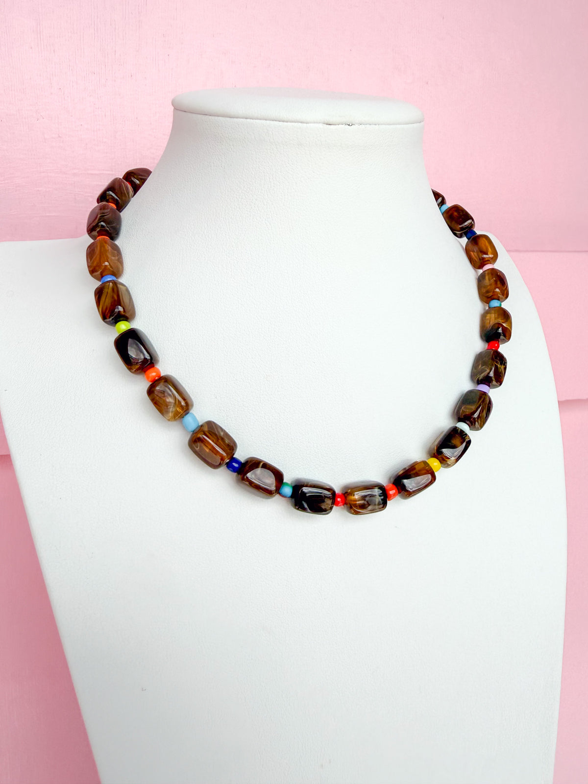 LOVE LEMON LANE | Small Rectangle Acrylic Beaded Necklace - Tortoise Multi