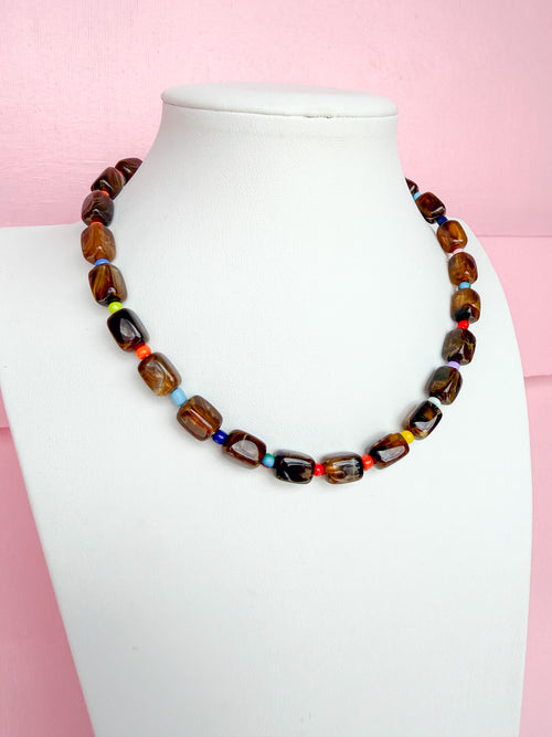 LOVE LEMON LANE | Small Rectangle Acrylic Beaded Necklace - Tortoise Multi