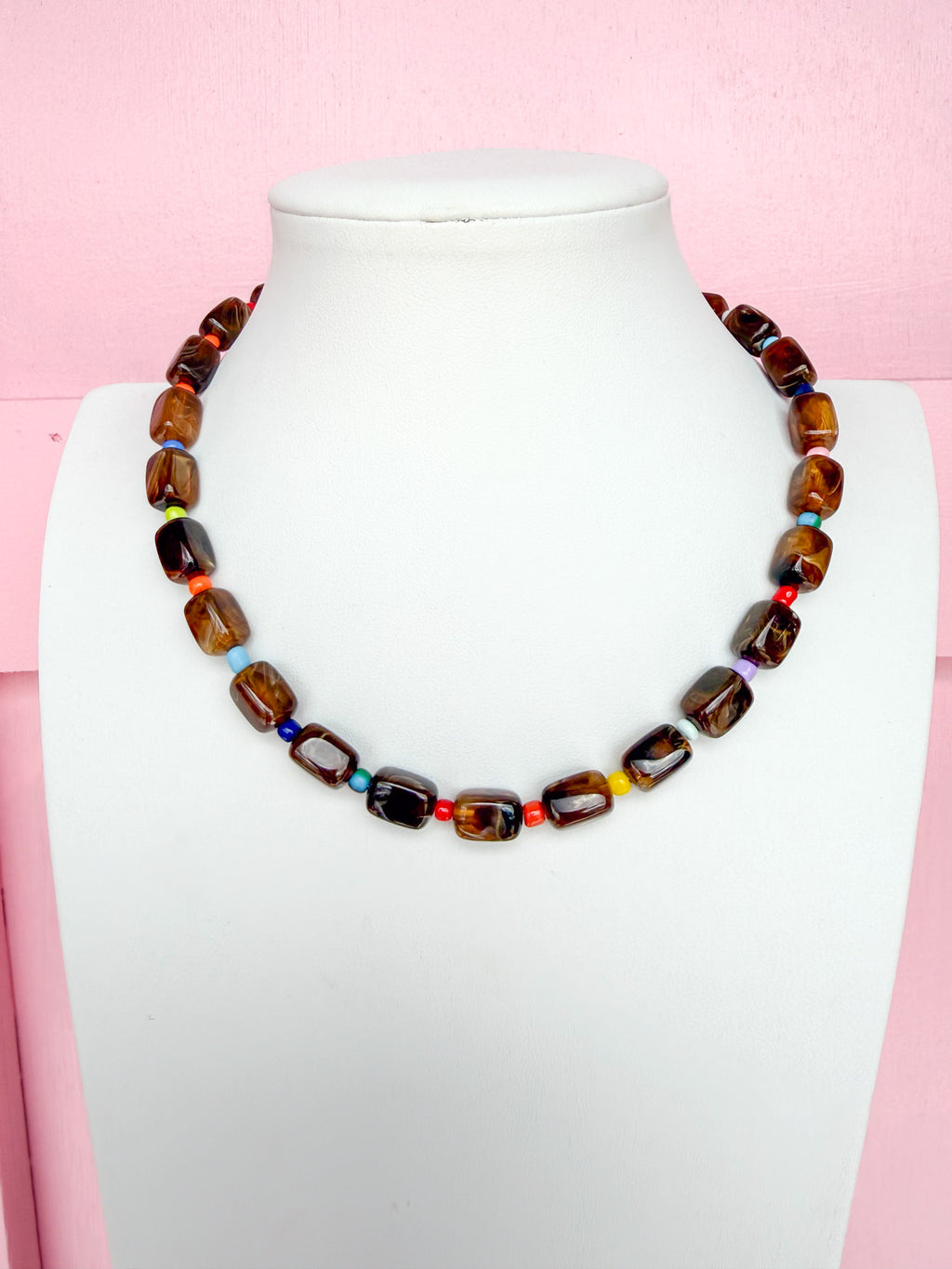 LOVE LEMON LANE | Small Rectangle Acrylic Beaded Necklace - Tortoise Multi