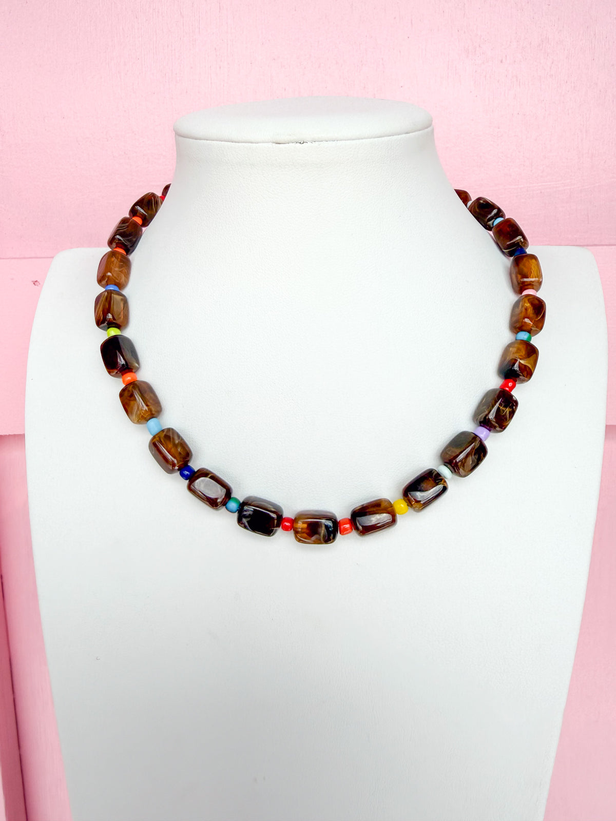 LOVE LEMON LANE | Small Rectangle Acrylic Beaded Necklace - Tortoise Multi
