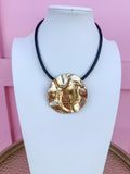 Textured Gold Disc Cord Necklace - Black