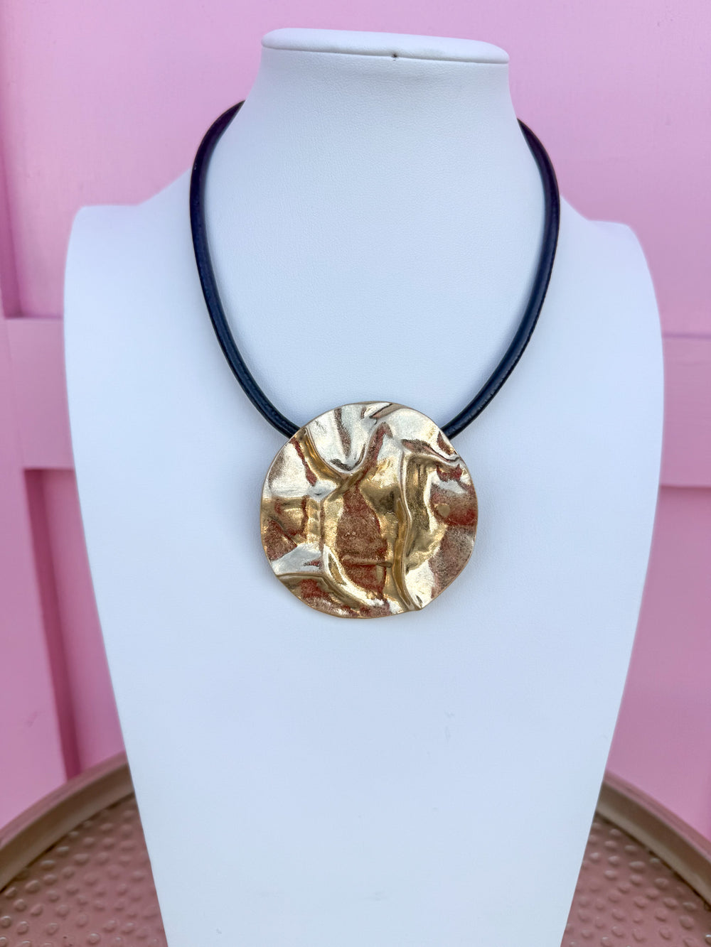 Textured Gold Disc Cord Necklace - Black