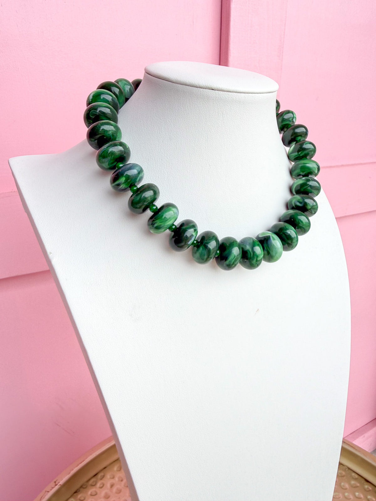 LOVE LEMON LANE | Chunky Marbled Rondelle Necklace - Emerald Green