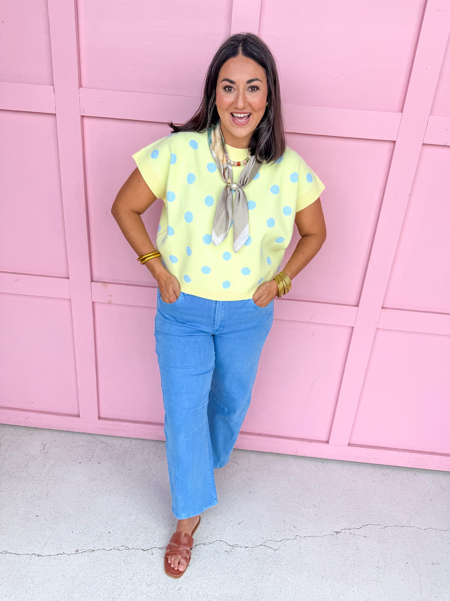 Polka Dot Knit Top - Lemon/Light Blue