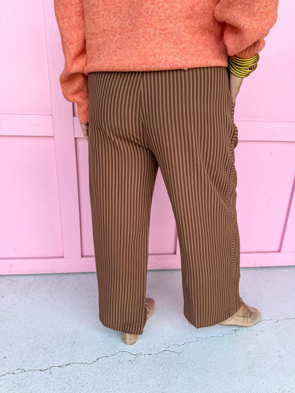 Crinkle & Stripe Wide Leg Pants - Brown