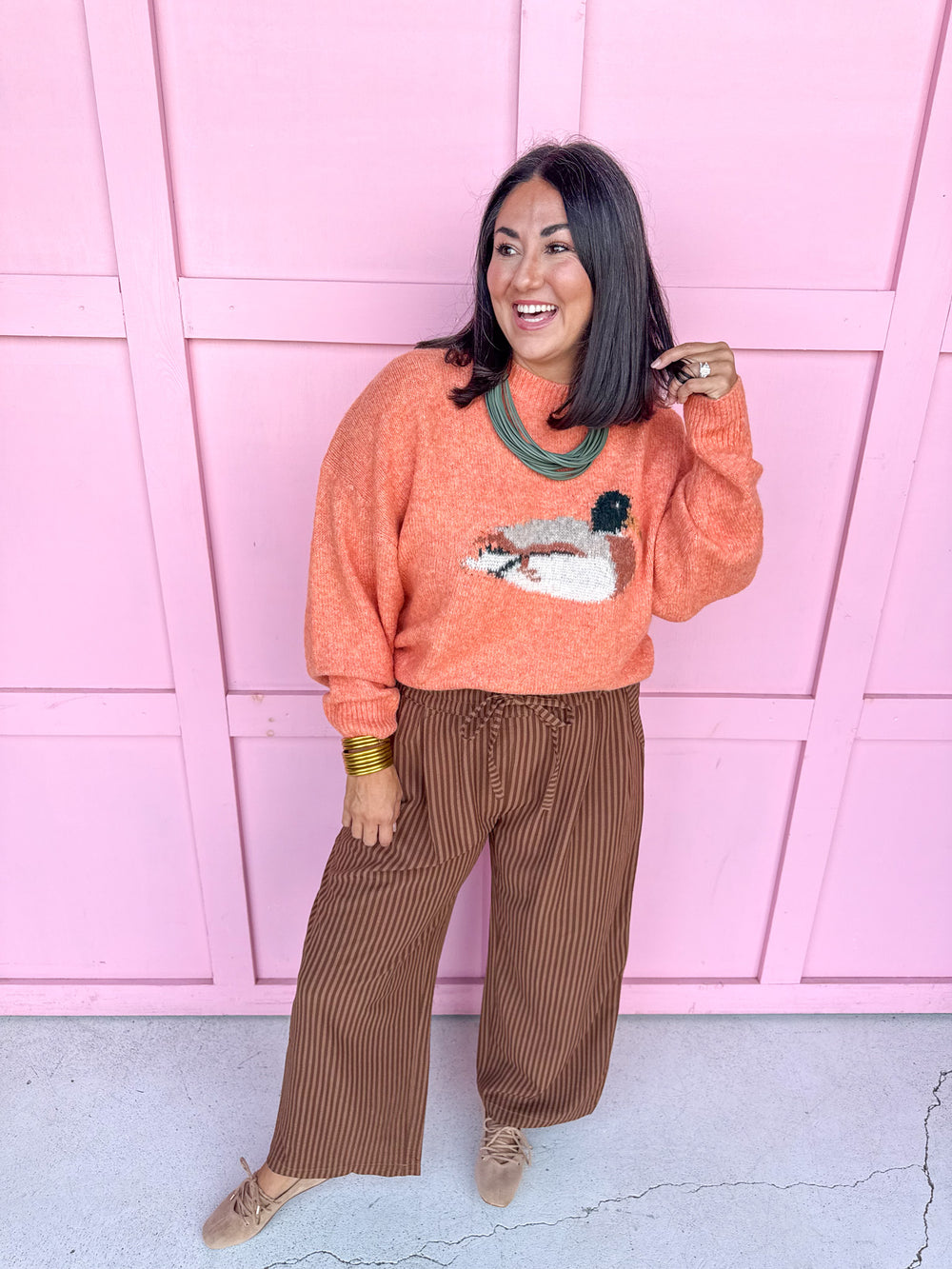 Crinkle & Stripe Wide Leg Pants - Brown