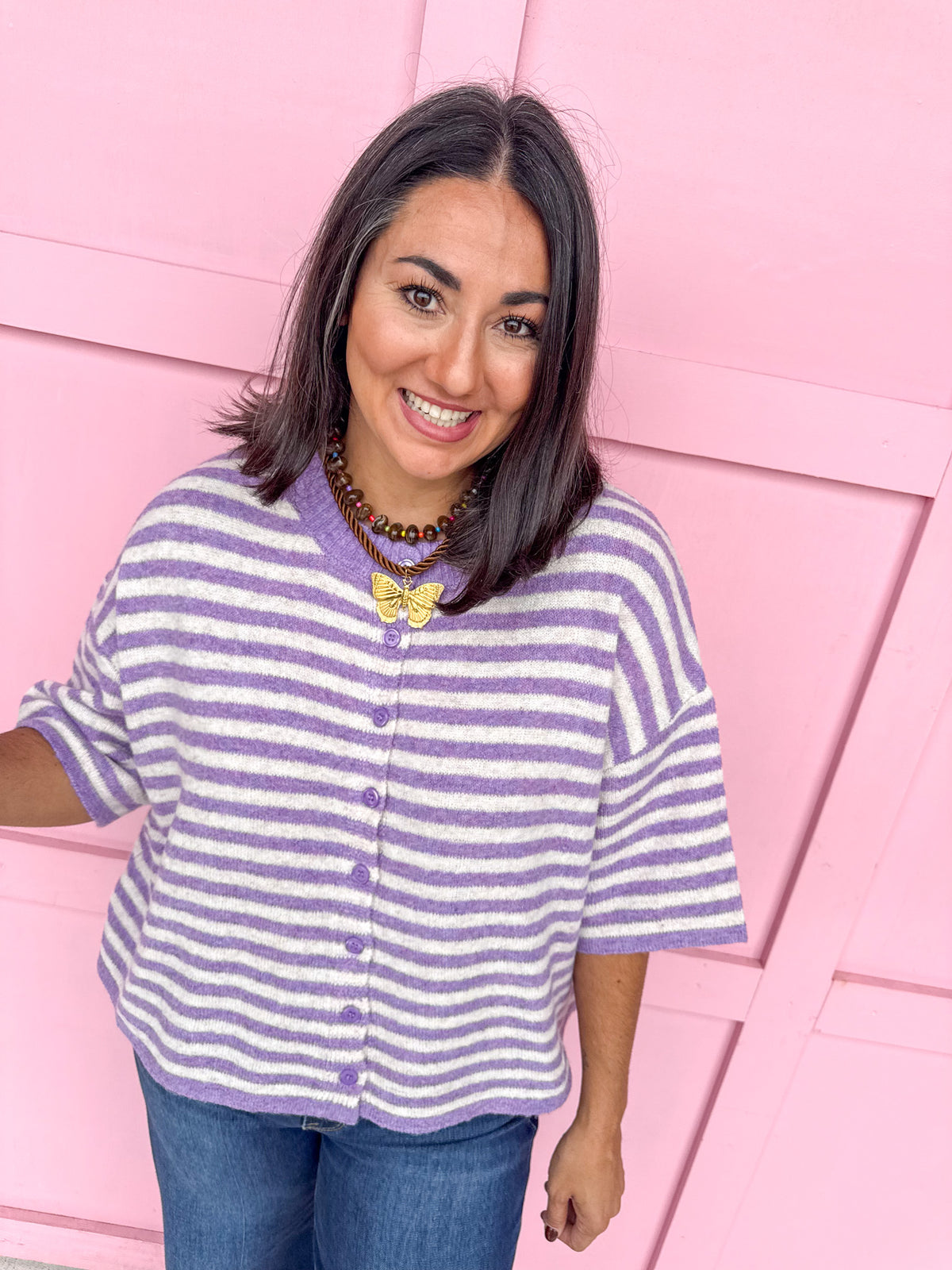 Easy Choice Bell Sleeve Cardigan - Lavender Stripe
