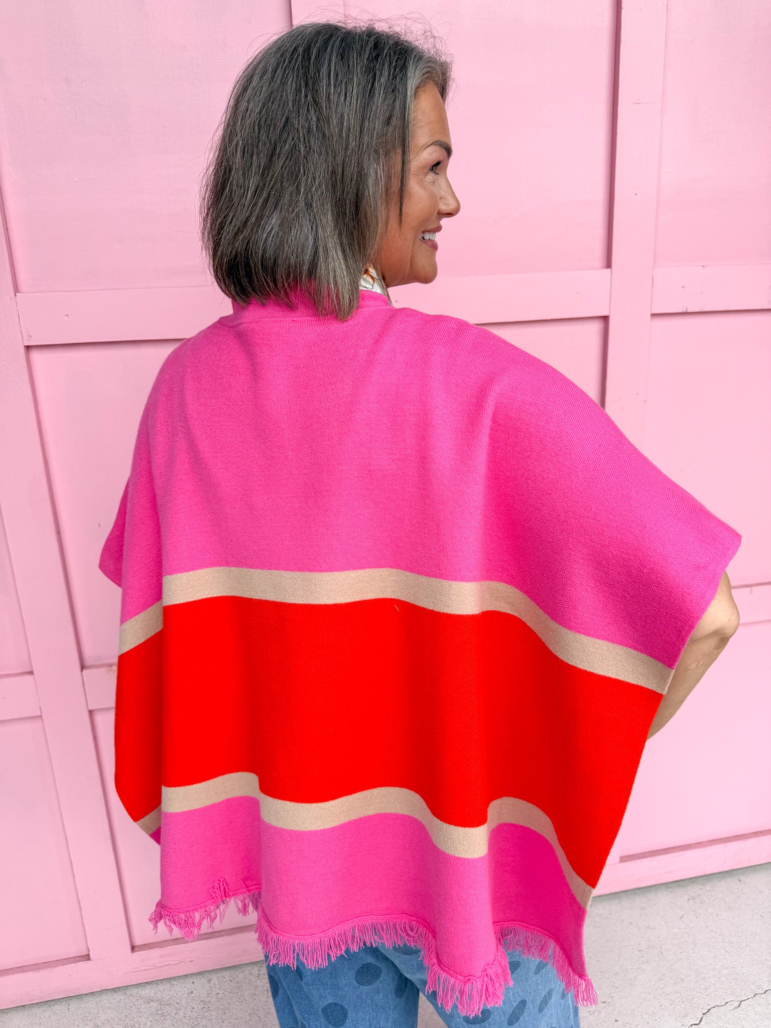 Color Block Fringe Poncho - Pink