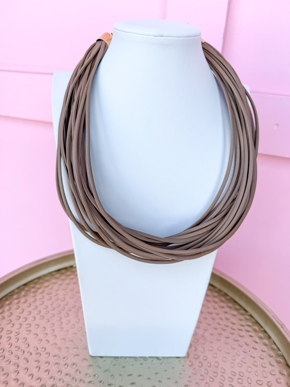 Leatherette Multi Strand Necklace - Matte Taupe