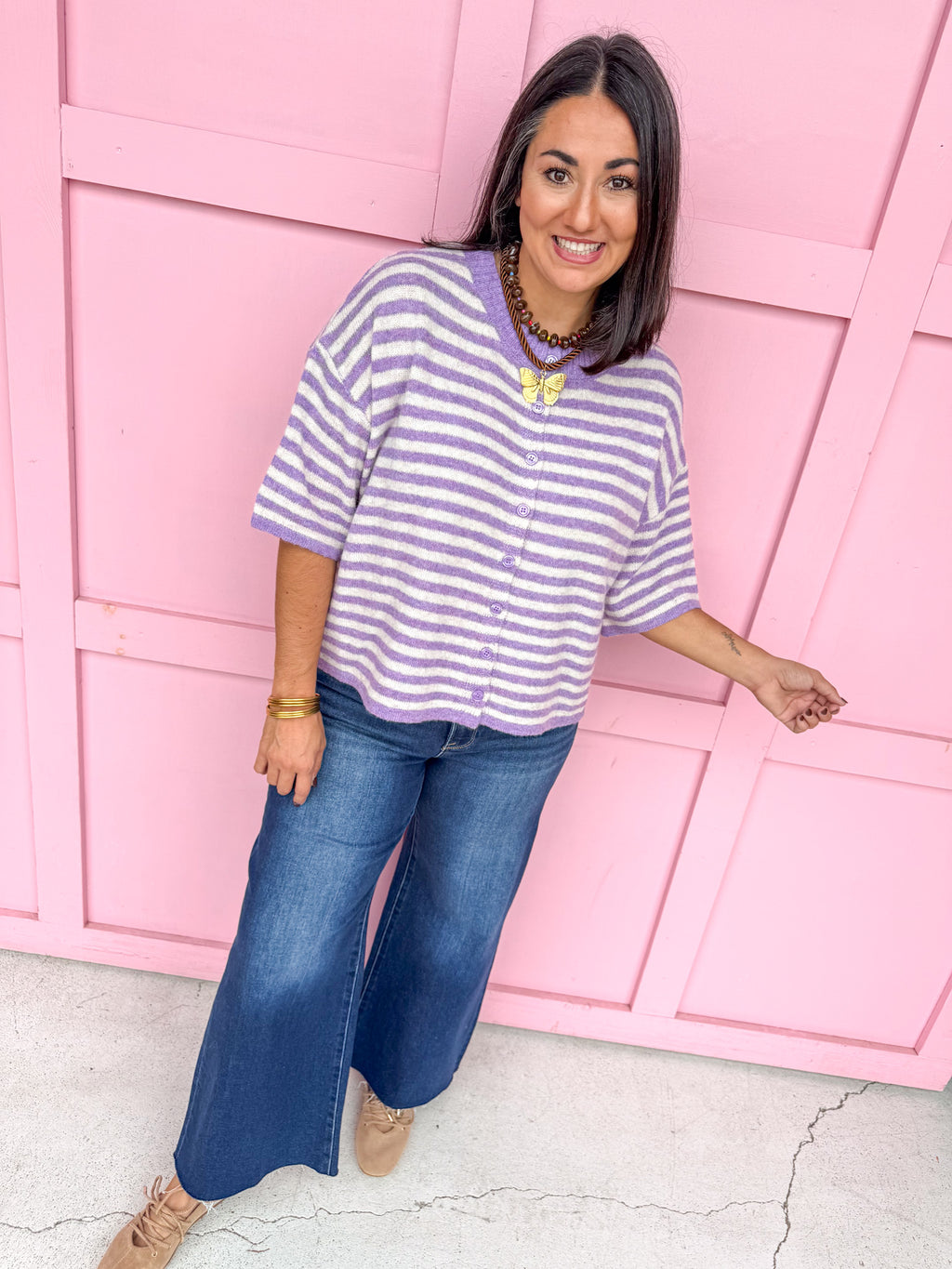 Easy Choice Bell Sleeve Cardigan - Lavender Stripe