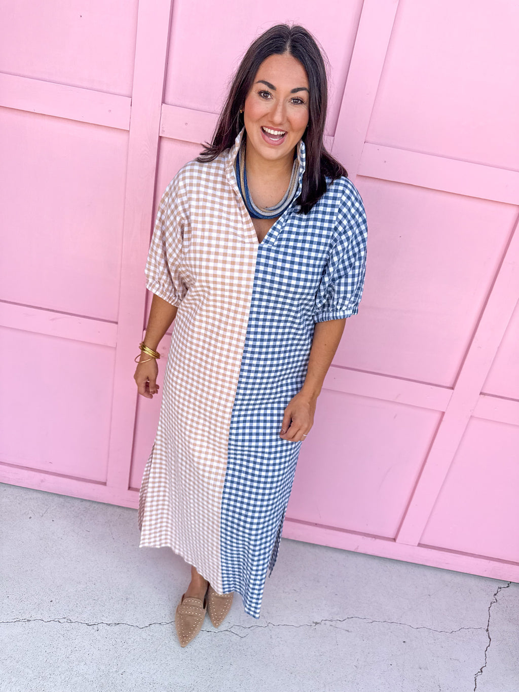ADRIENNE x Jincy's | Blakely Dress - Navy/Tan Seer Gingham