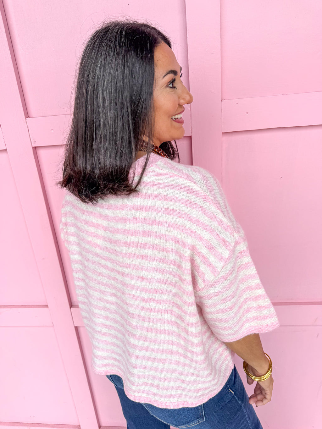Easy Choice Bell Sleeve Cardigan - Pink Stripe