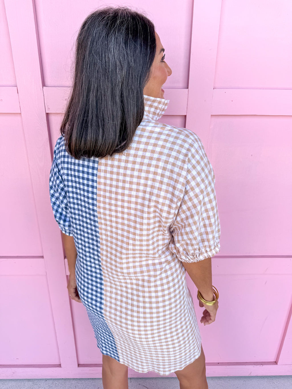 ADRIENNE x Jincy's | Charlotte Dress - Navy/Tan Seer Gingham