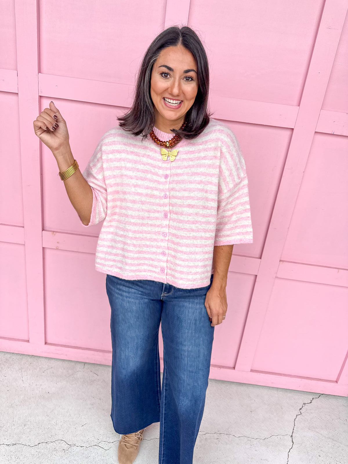 Easy Choice Bell Sleeve Cardigan - Pink Stripe