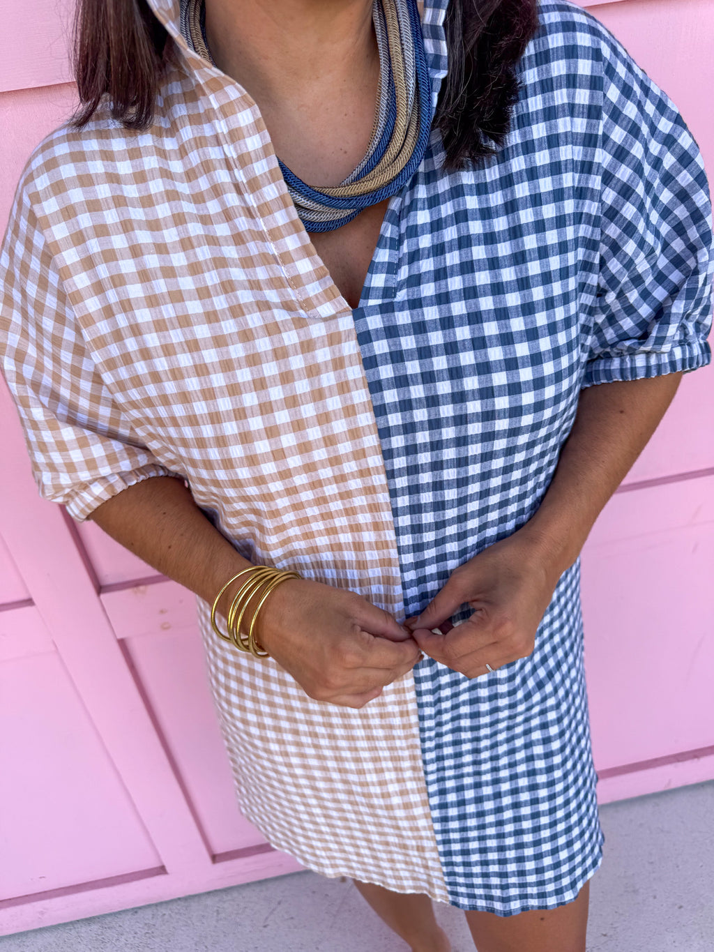 ADRIENNE x Jincy's | Charlotte Dress - Navy/Tan Seer Gingham