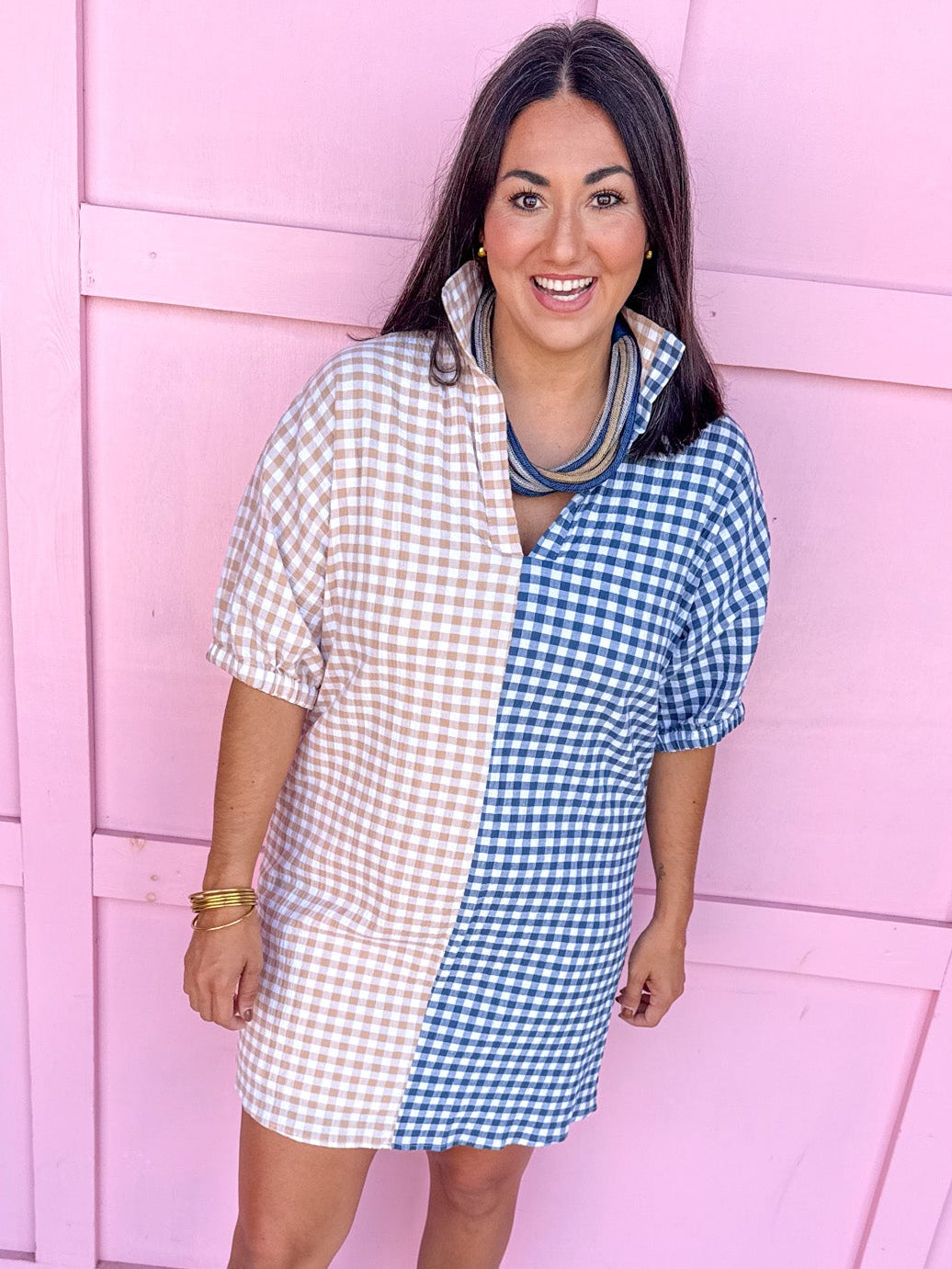 ADRIENNE x Jincy's | Charlotte Dress - Navy/Tan Seer Gingham