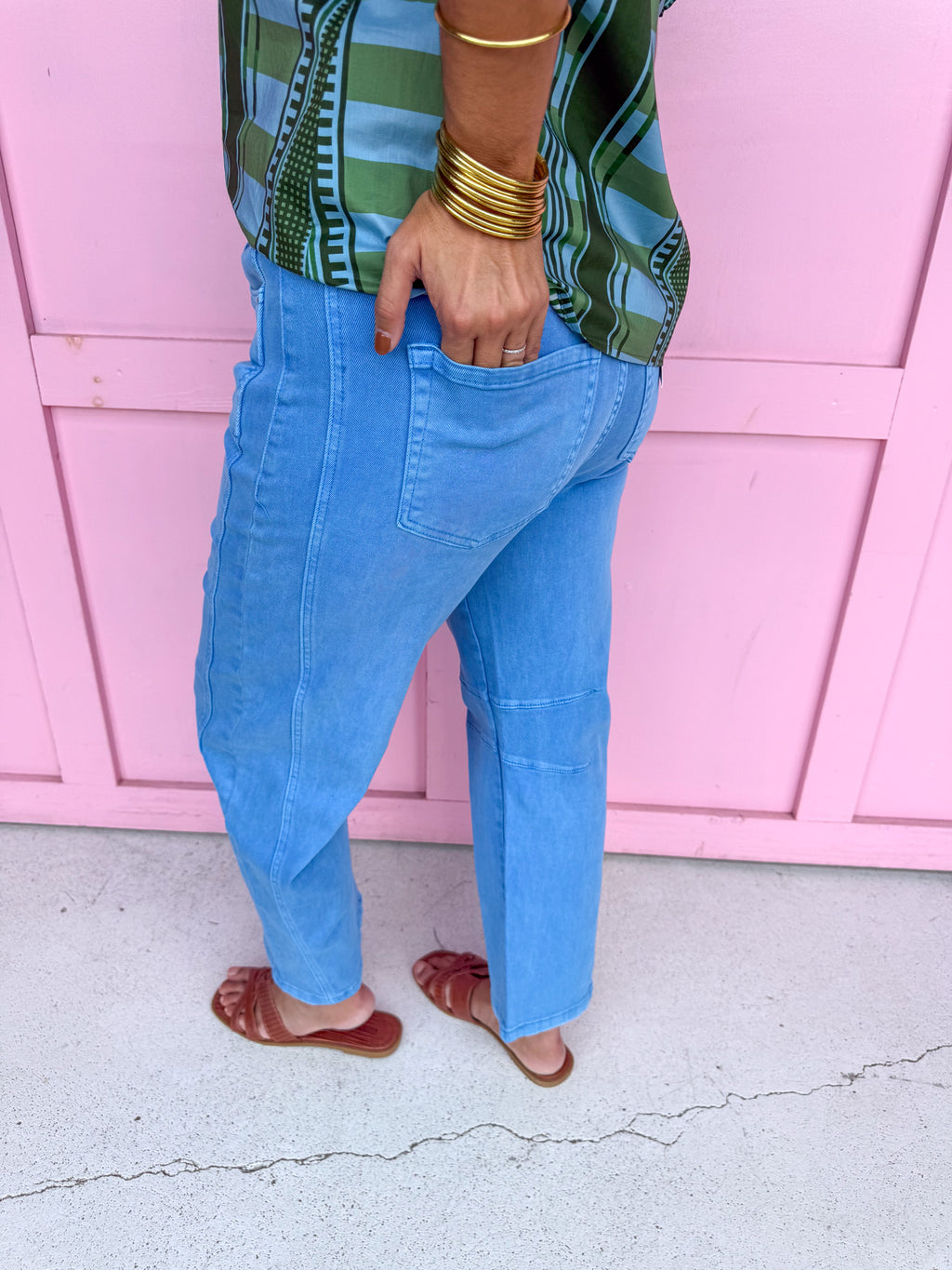 Acid Wash Barrel Leg Pants - Deep Sky
